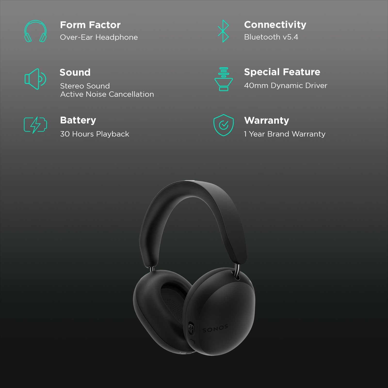 SONOS Ace Bluetooth Headphone with Mic (Active Noise Cancellation, Over Ear, Black)_2