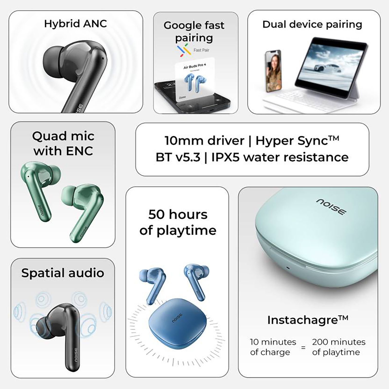 noise Air Buds Pro 4 TWS Earbuds with Active Noise Cancellation (IPX5 Water Resistant, Spatial Audio, Jade Green)_10