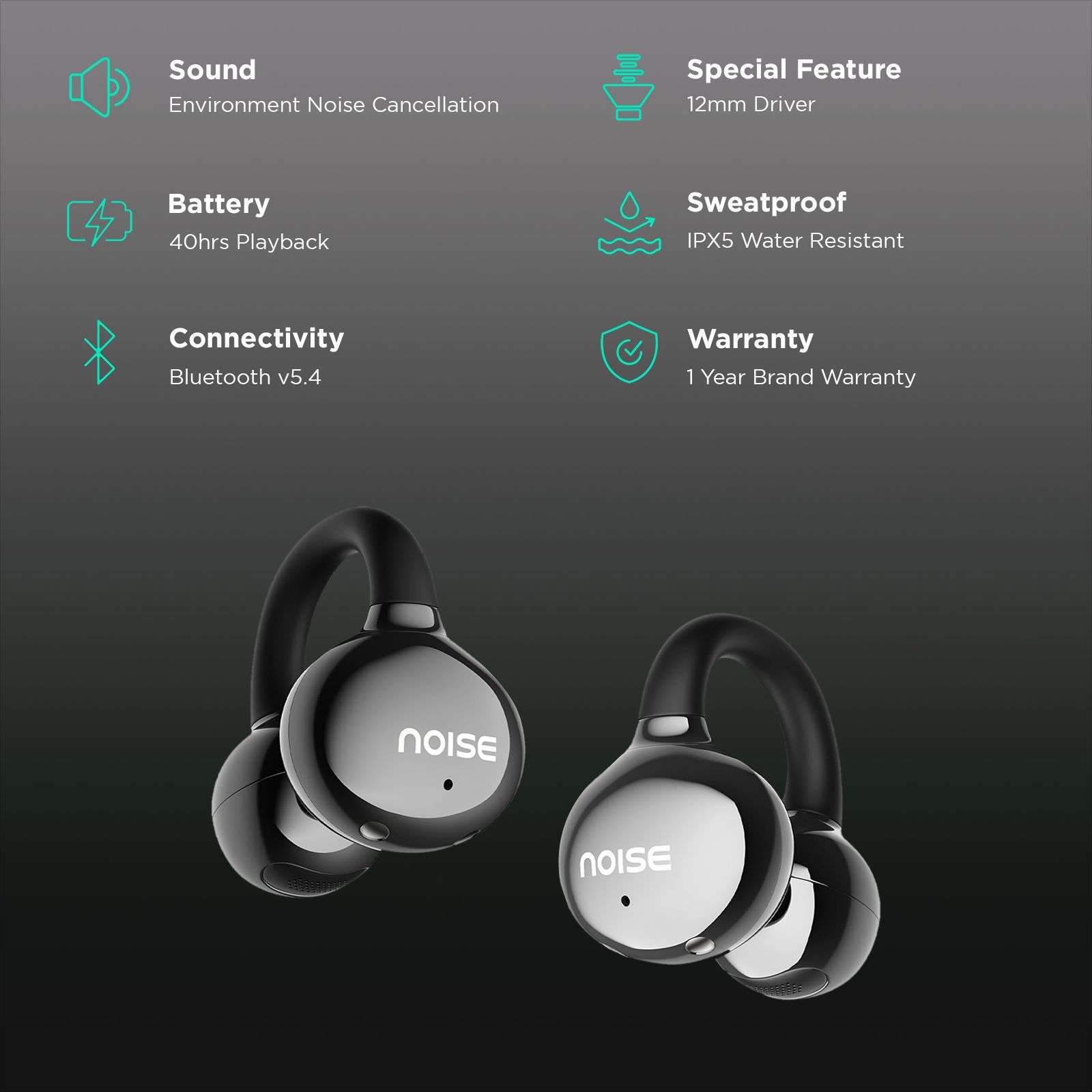 noise Air Clips TWS Earbuds with Environmental Noise Cancellation (IPX5 Water Resistant, AirWave Technology, Pearl Black)_2