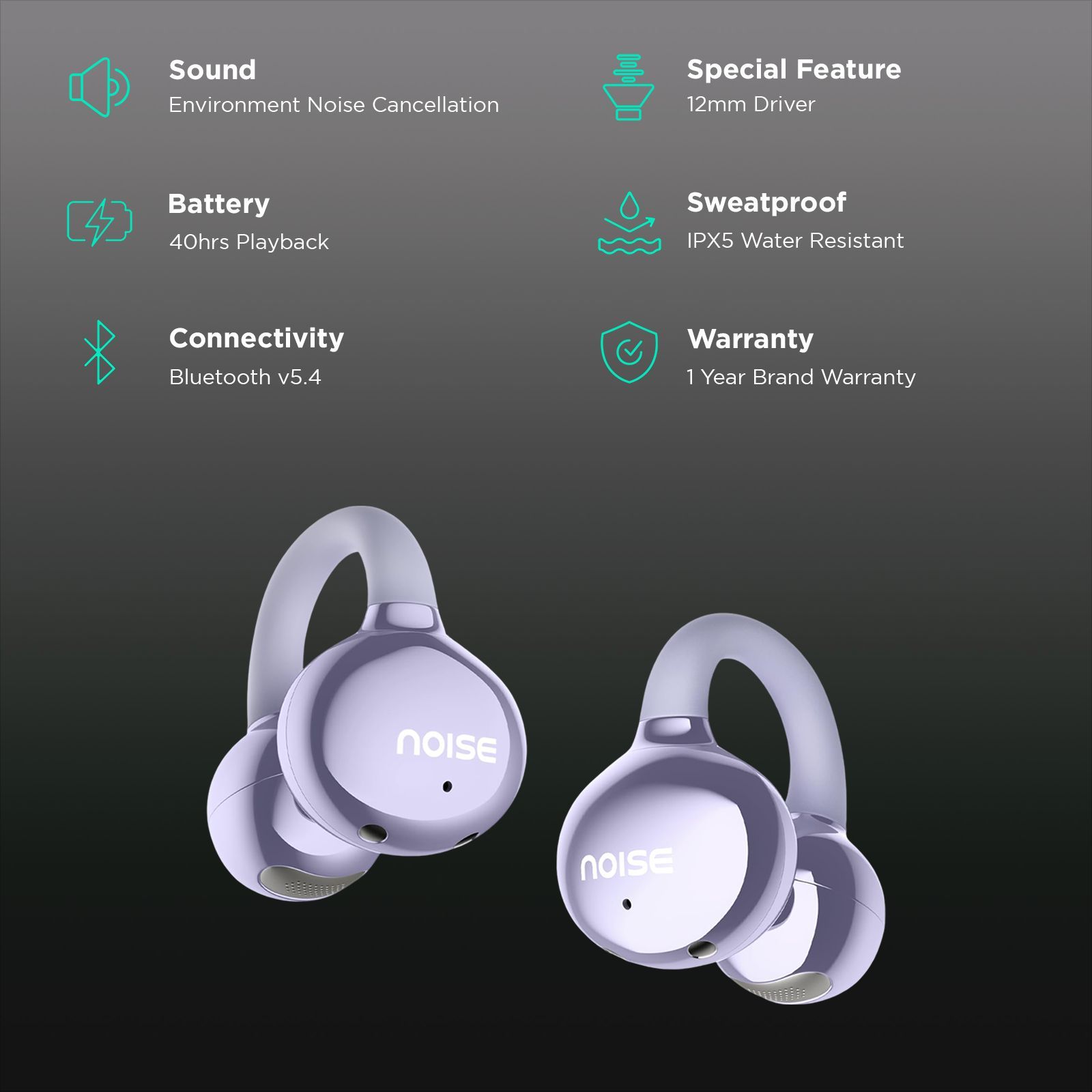 noise Air Clips TWS Earbuds with Environmental Noise Cancellation (IPX5 Water Resistant, AirWave Technology, Pearl Purple)_2