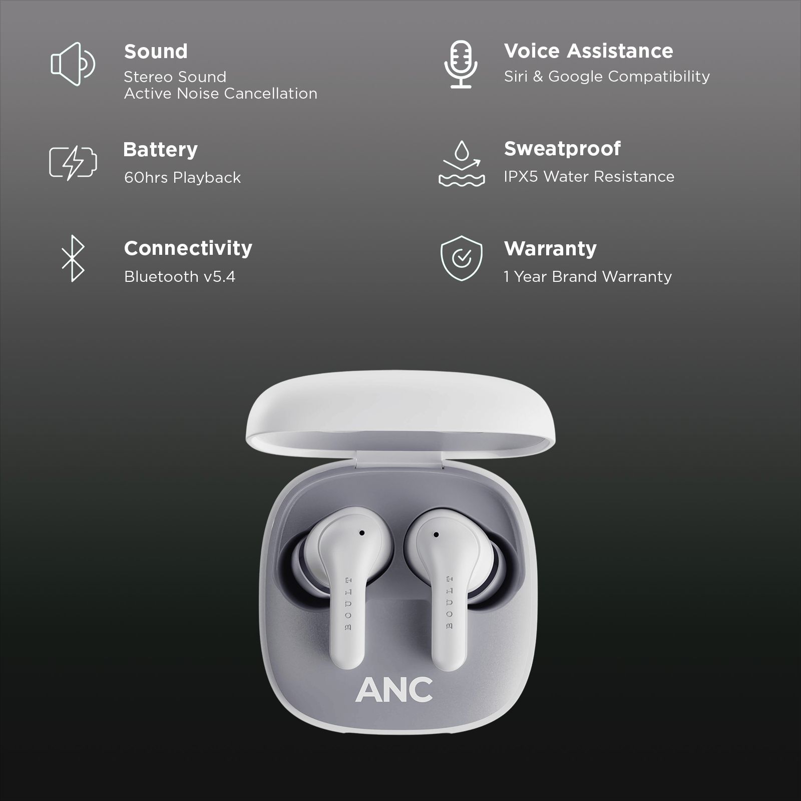 GOBOULT (formerly Boult) Klarity 4 FGTW245WHT TWS Earbuds with Active Noise Cancellation (IPX5 Water Resistant, Fast Charging, White)_3