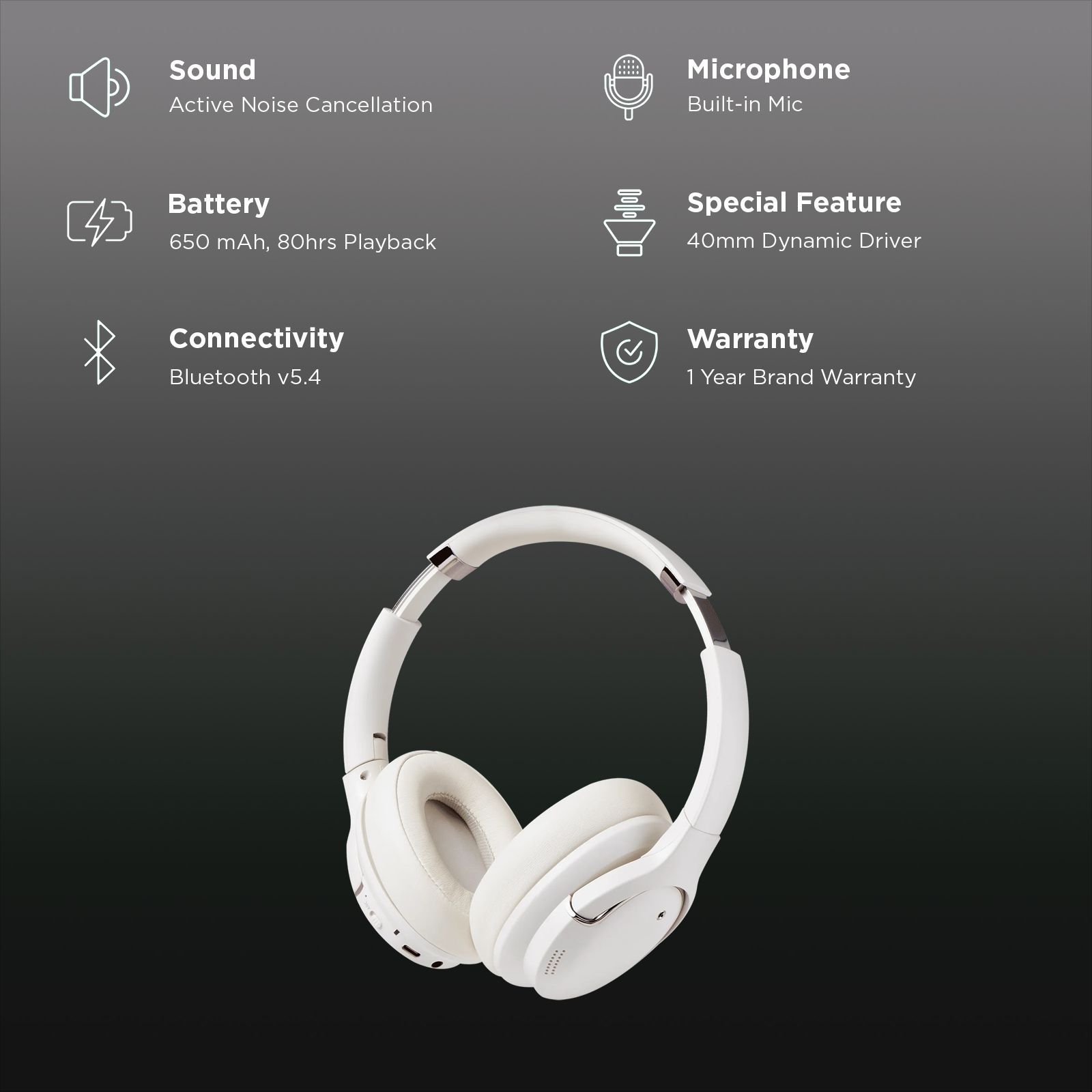 Croma Bluetooth Headphone with Mic (Active Noise Cancellation, Over Ear, Beige)_2