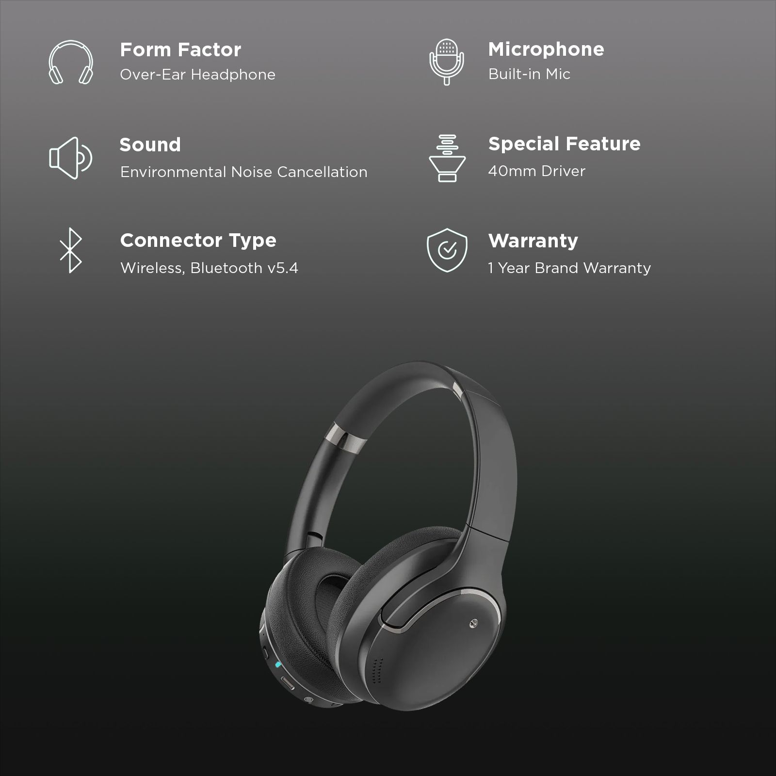 Croma HE101 CRSE100EPA301514 Bluetooth Headphone with Mic (Environmental Noise Cancellation, Over Ear, Black)_2