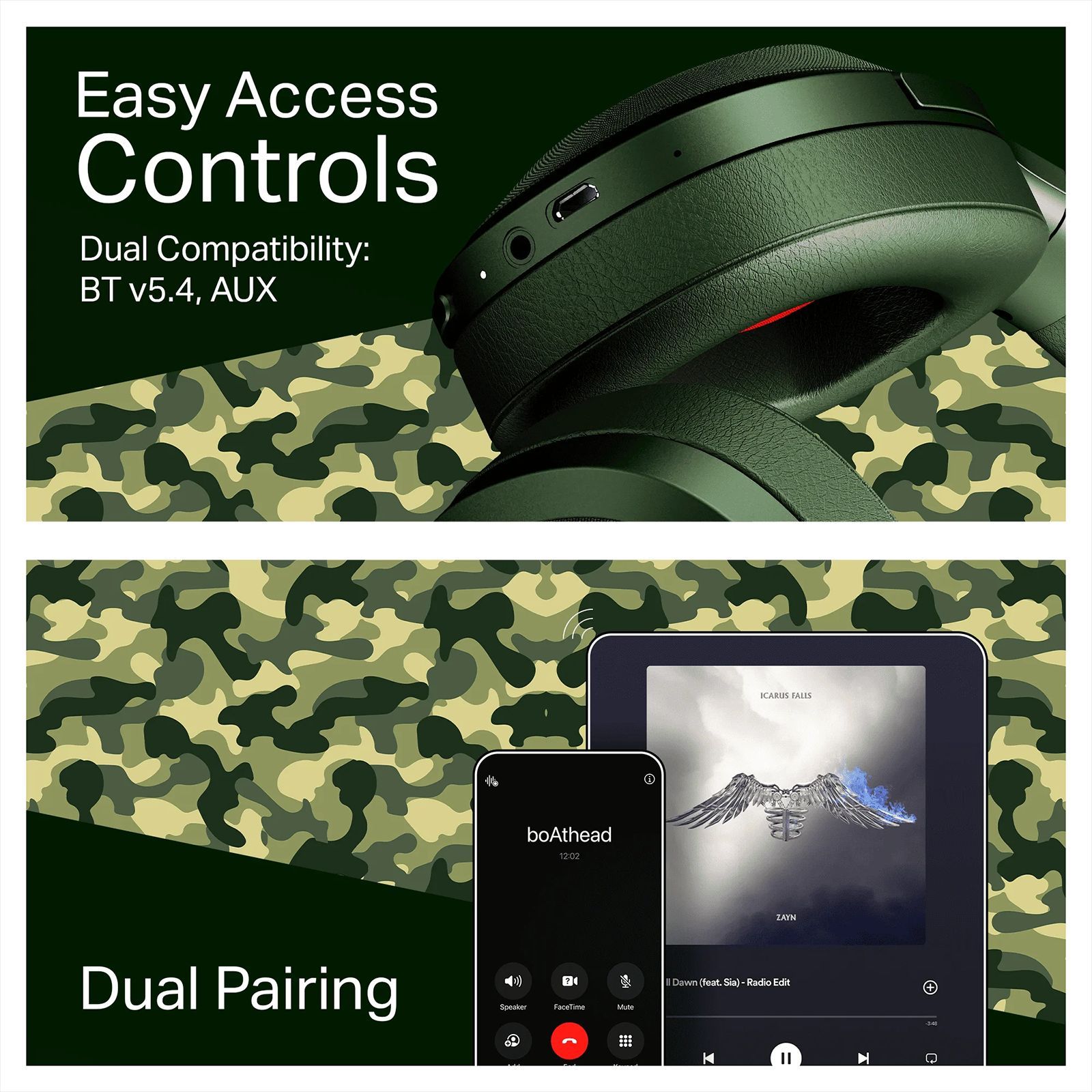 boAt Rockerz Plus 550 Bluetooth Headphone with Mic (Dual Pairing, Over Ear, Green Militia) boAt Rockerz Plus 550 Bluetooth Headphone with Mic (Dual Pairing, Over Ear, Green Militia)_6