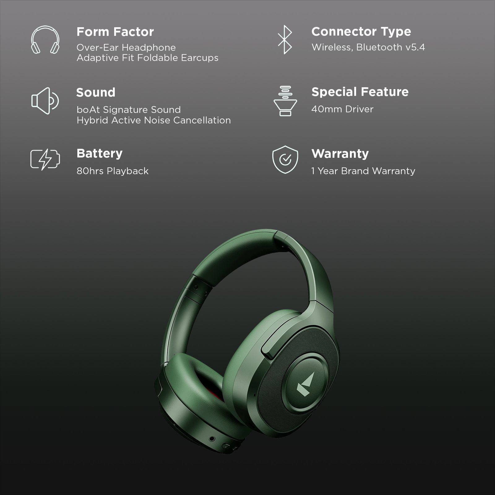 boAt Rockerz Plus 550 ANC Bluetooth with Mic (ENx Technology, Over Ear, Green Militia)_2