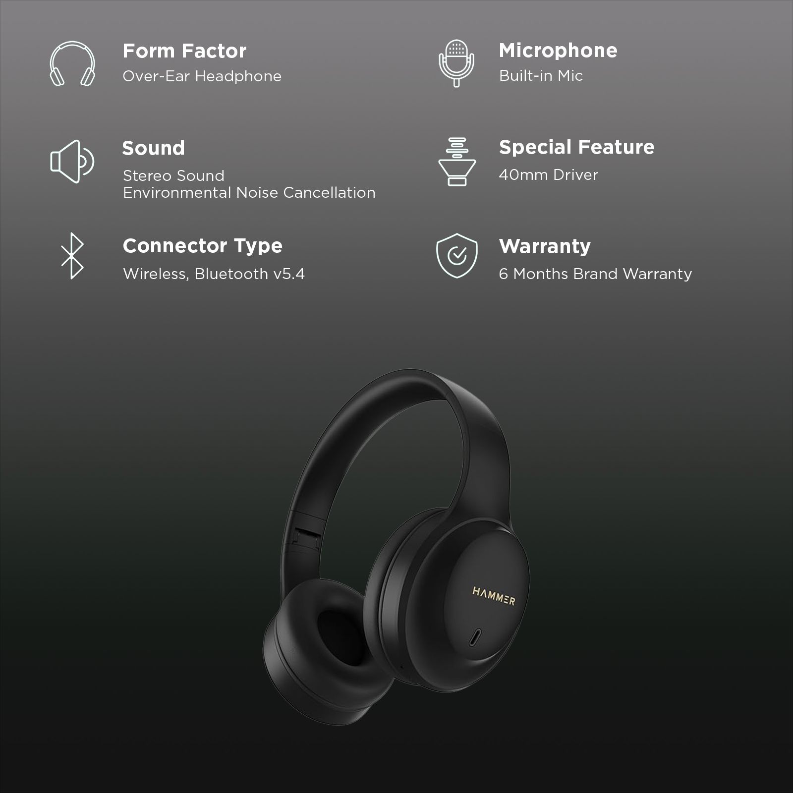 Hammer Bash Plus Bluetooth Headphone with Mic (Environmental Noise Cancellation, Over Ear, Black)_2