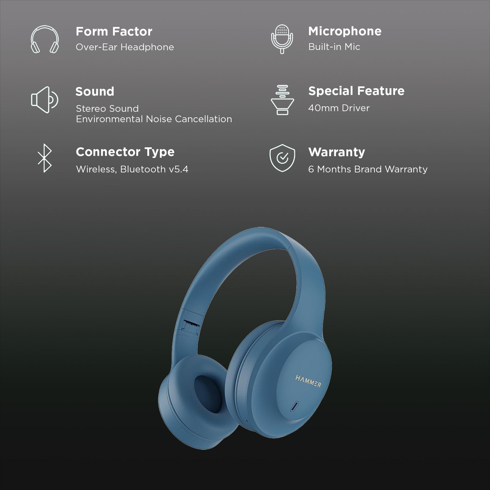 Hammer Bash Plus Bluetooth Headphone with Mic (Environmental Noise Cancellation, Over Ear, Blue)_2
