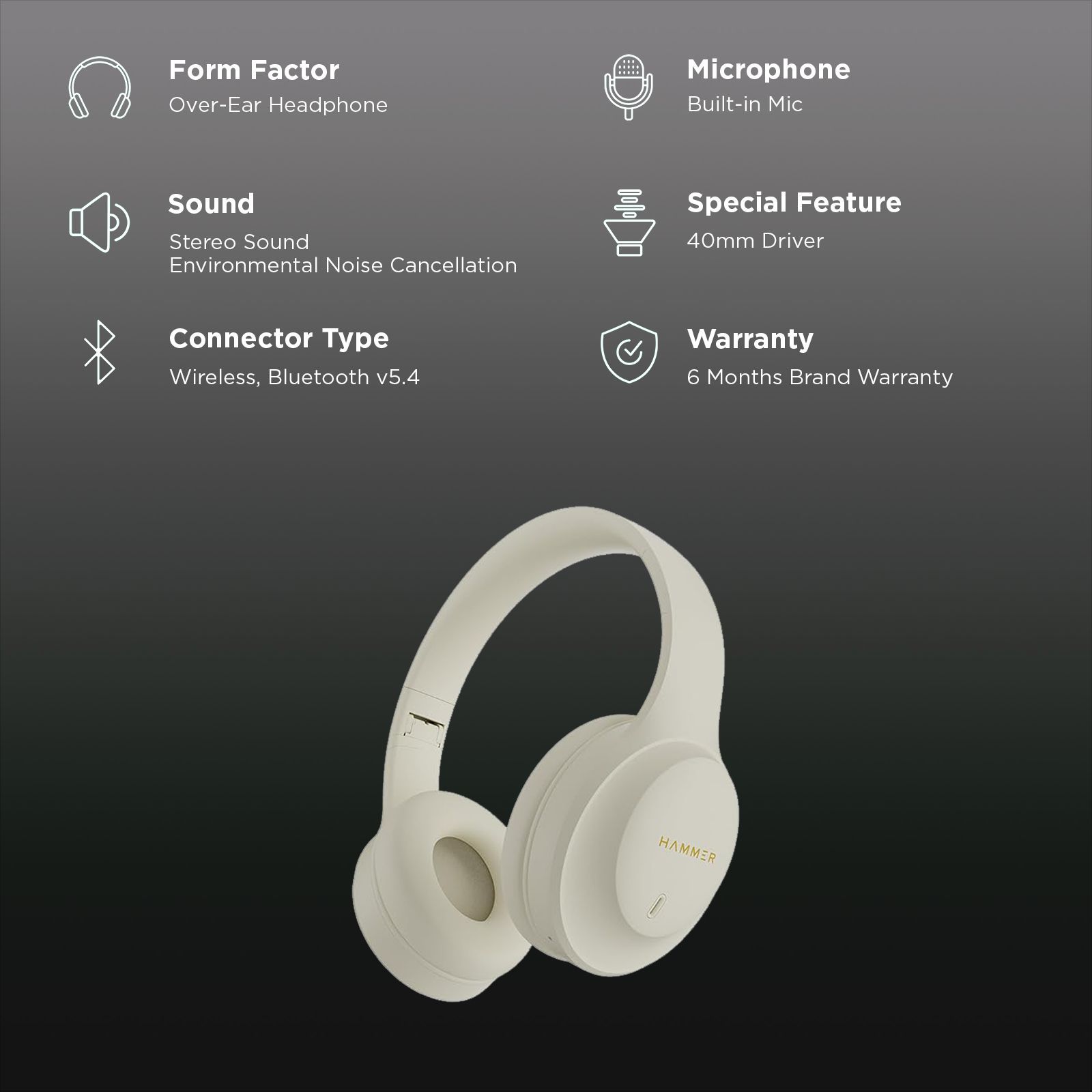 Hammer Bash Plus Bluetooth Head with Mic (Environmental Noise Cancellation, Over Ear, Beige) Hammer Bash Plus Bluetooth Head with Mic (Environmental Noise Cancellation, Over Ear, Beige)_2