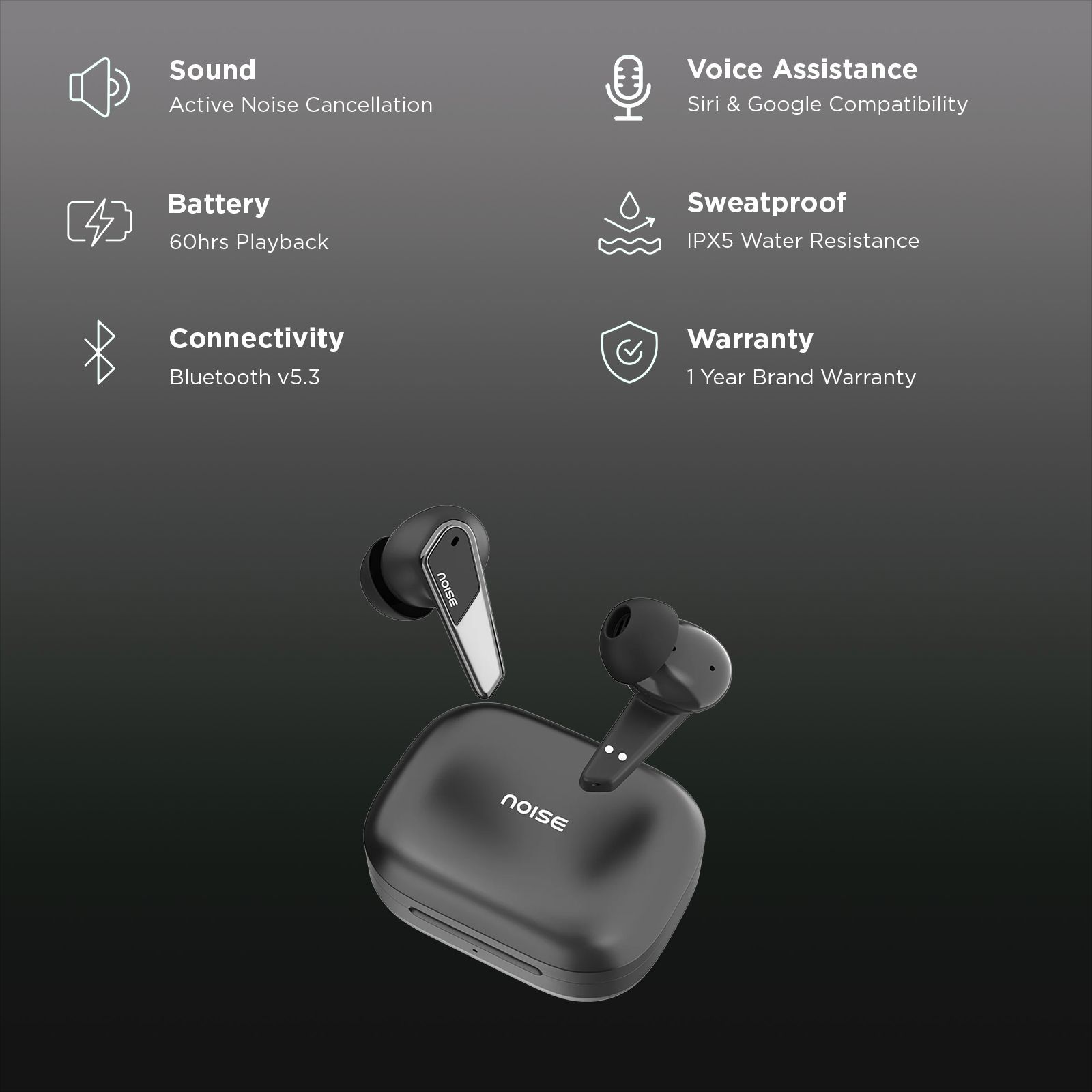 Noise Buds N1 Pro AUDHDPHNBUDSN1BLK TWS Earbuds with Active Noise Cancellation (IPX5 Water Resistant, Instacharge, Chrome Black)_2