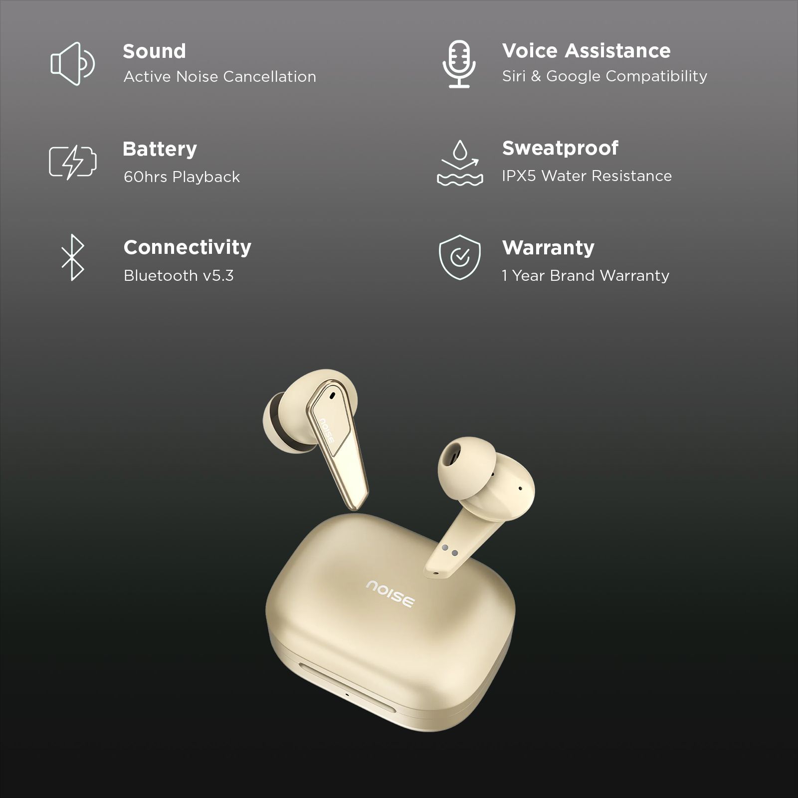 Noise Buds N1 Pro AUDHDPHNBUDN1BEIGE TWS Earbuds with Active Noise Cancellation (IPX5 Water Resistant, Instacharge, Chrome Beige)_2