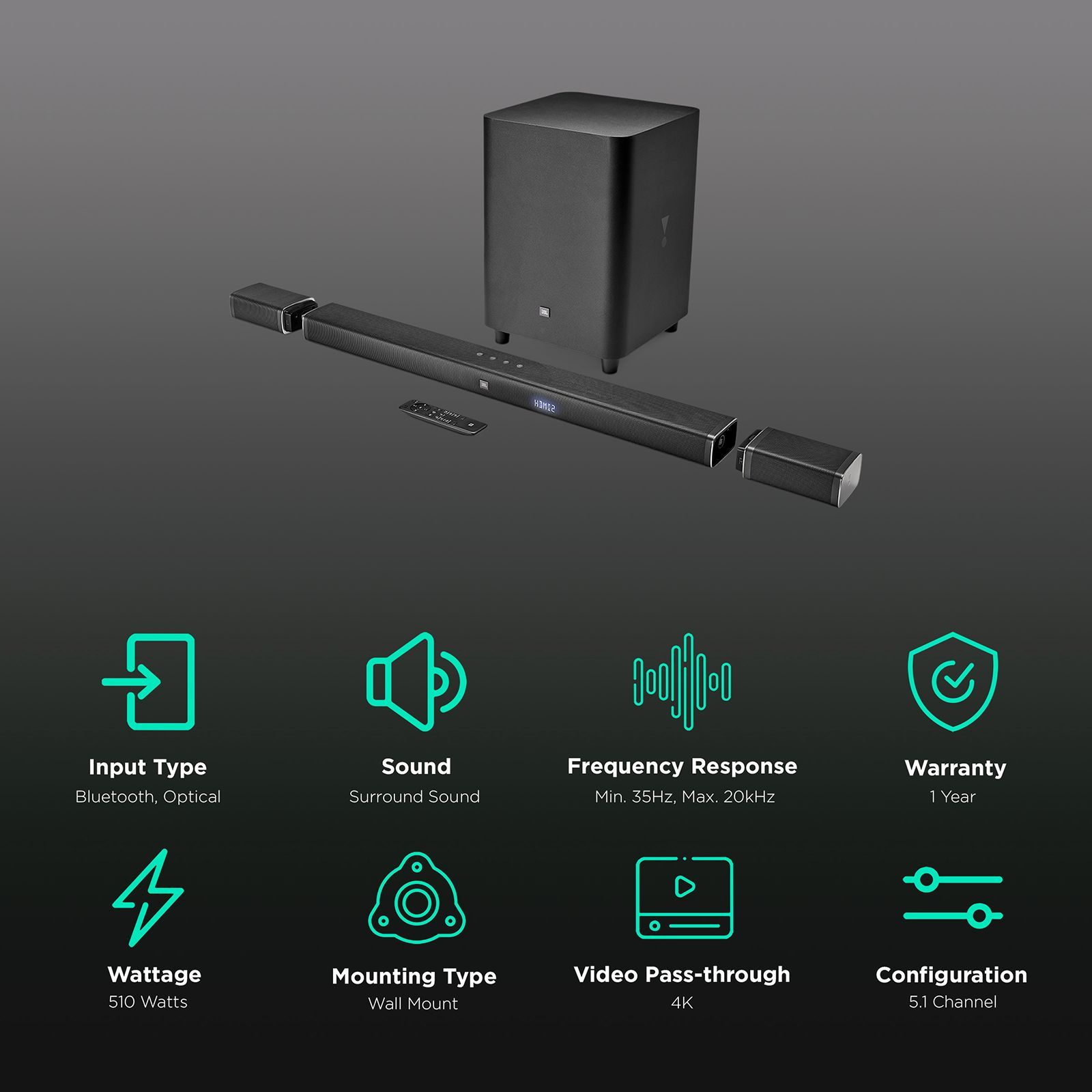 JBL Bar 510W Bluetooth Soundbar with Remote (Surround Sound, 5.1 Channel, Black) JBL Bar 510W Bluetooth Soundbar with Remote (Surround Sound, 5.1 Channel, Black)_2