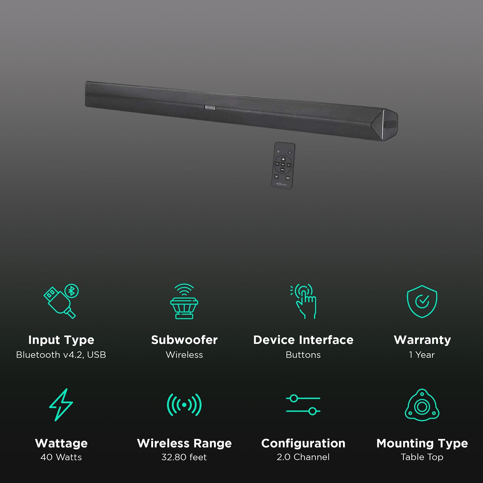 PORTRONICS Sound Slick II 40W Soundbar with Remote (Stereo Sound, 2.0 Channel, Black)_2