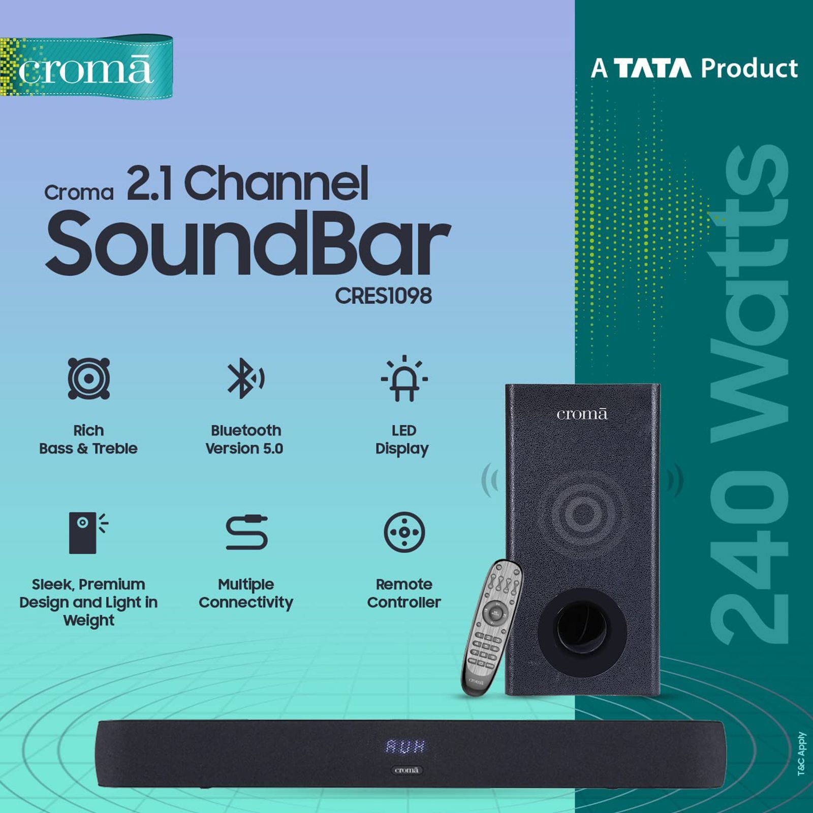 Croma 240W Bluetooth Soundbar with Remote (Rich Bass, 2.1 Channel, Black)_15
