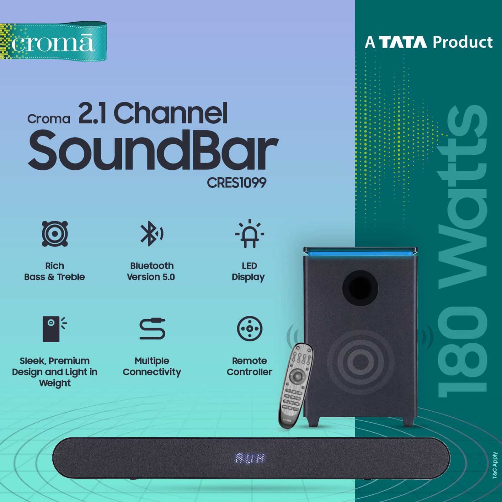 Croma 180W Bluetooth Soundbar with Remote (Rich and Deep Bass, 2.1 Channel, Black)_16