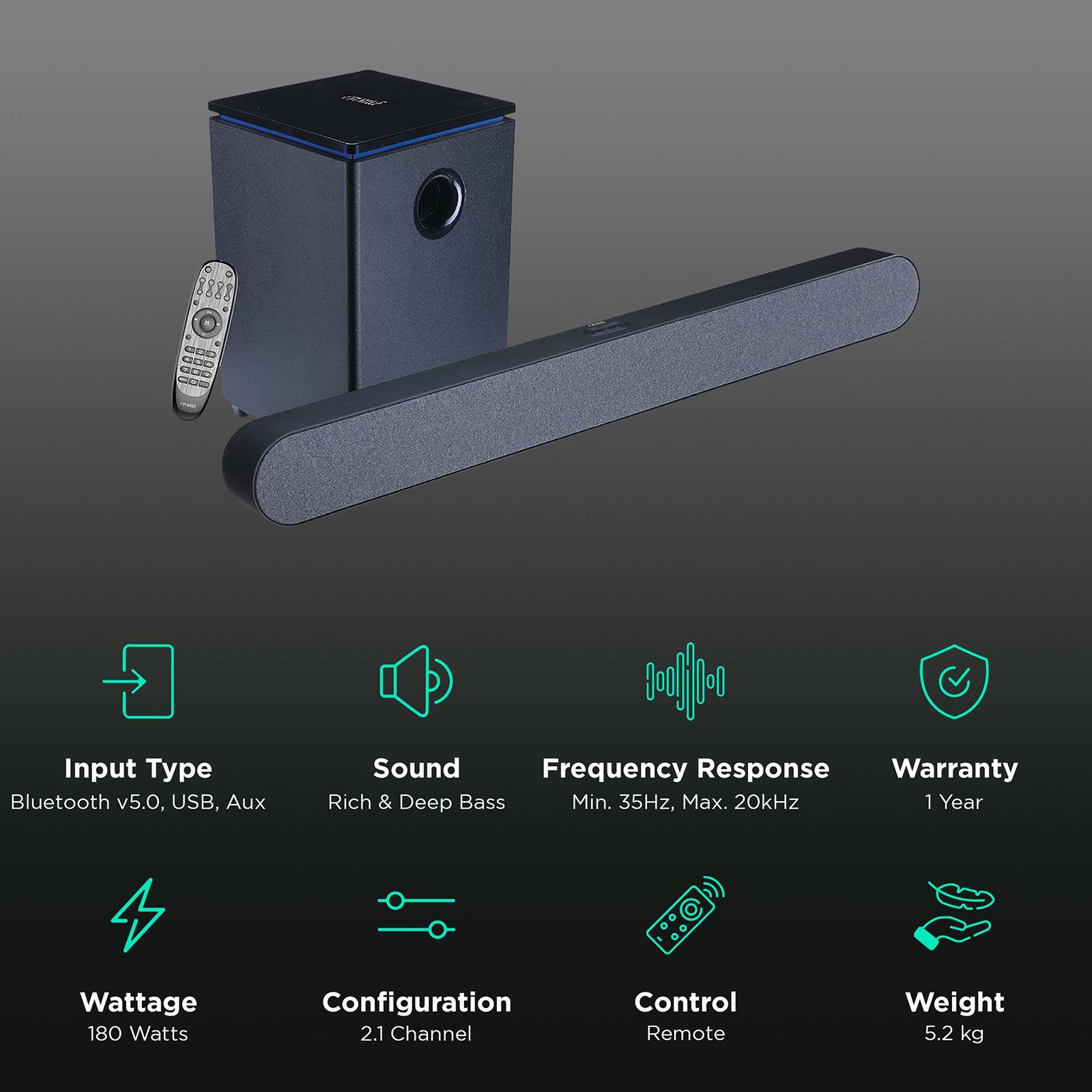 Croma 180W Bluetooth Soundbar with Remote (Rich and Deep Bass, 2.1 Channel, Black)_2