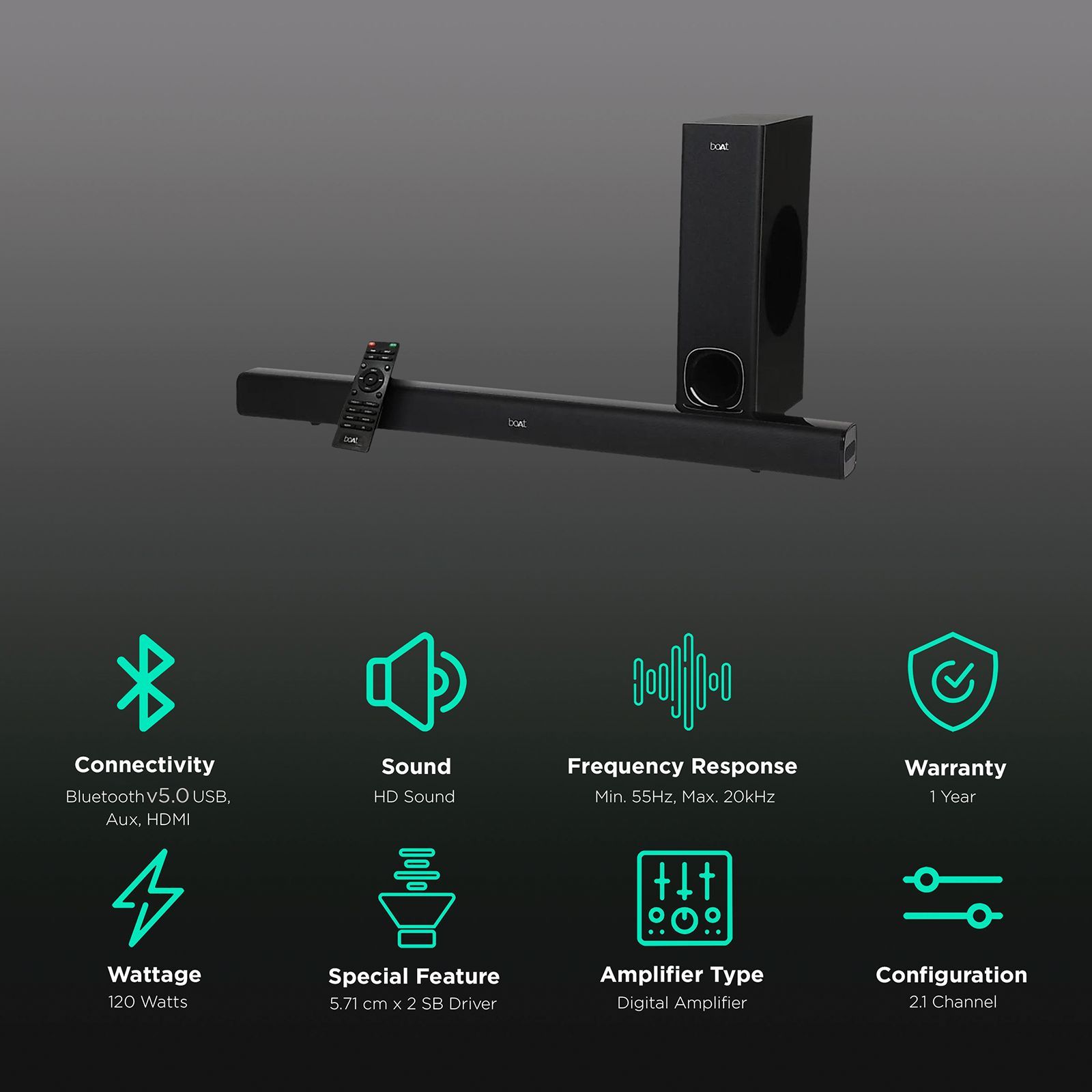 boAt Aavante Bar 1280 120W Bluetooth Soundbar with Remote (Surround Sound, 2.1 Channel, Black)_2