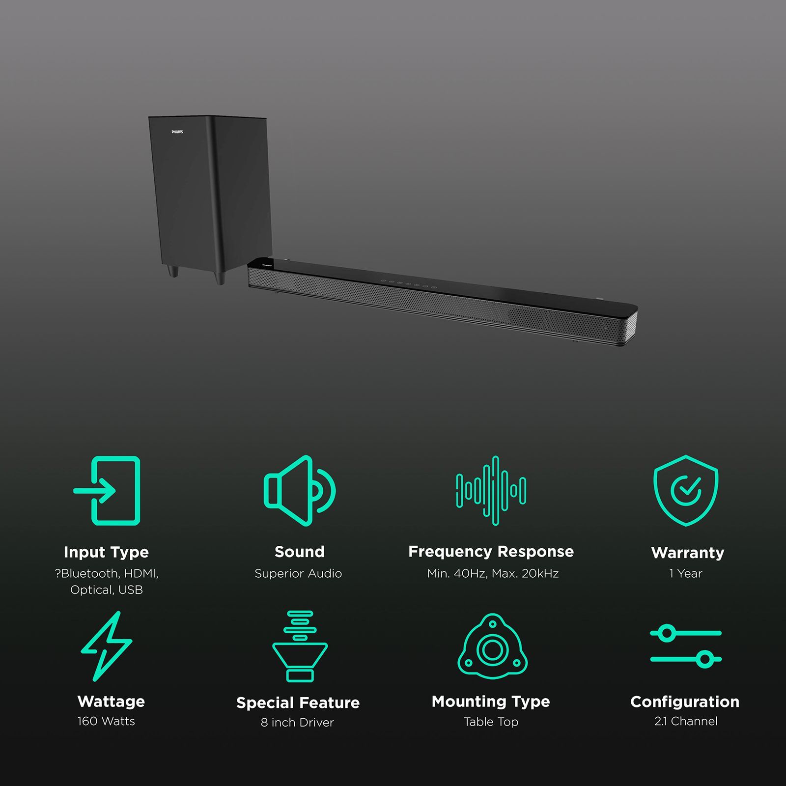 PHILIPS HTL8162/94 160W Bluetooth Soundbar with Remote (Thumping Bass, 2.1 Channel, Black) PHILIPS HTL8162/94 160W Bluetooth Soundbar with Remote (Thumping Bass, 2.1 Channel, Black)_2