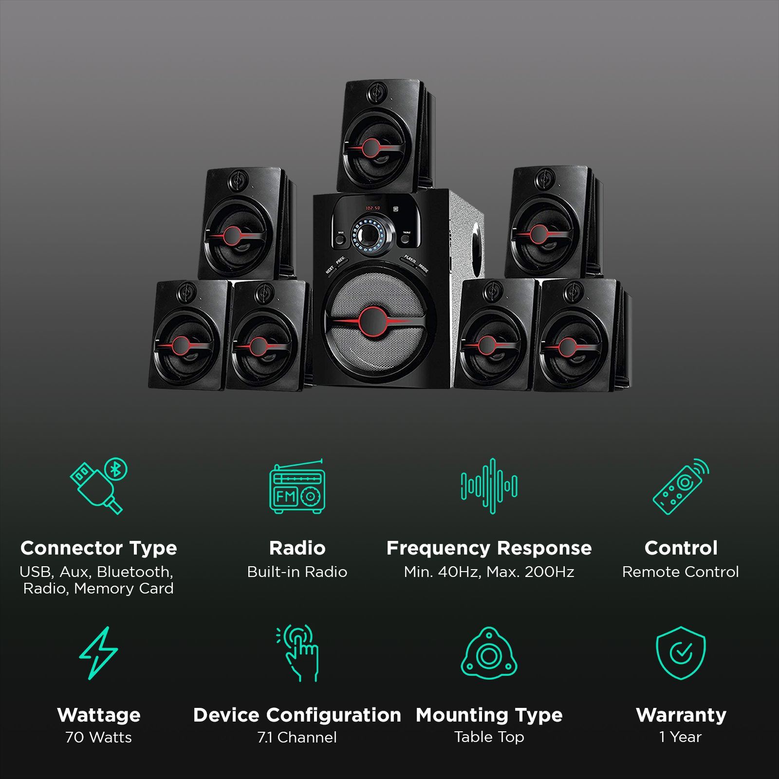 I KALL 70 Watts 7.1 Channel Mono Channel Multimedia Home Theatre System (Bluetooth, IK-4444, Black)_2