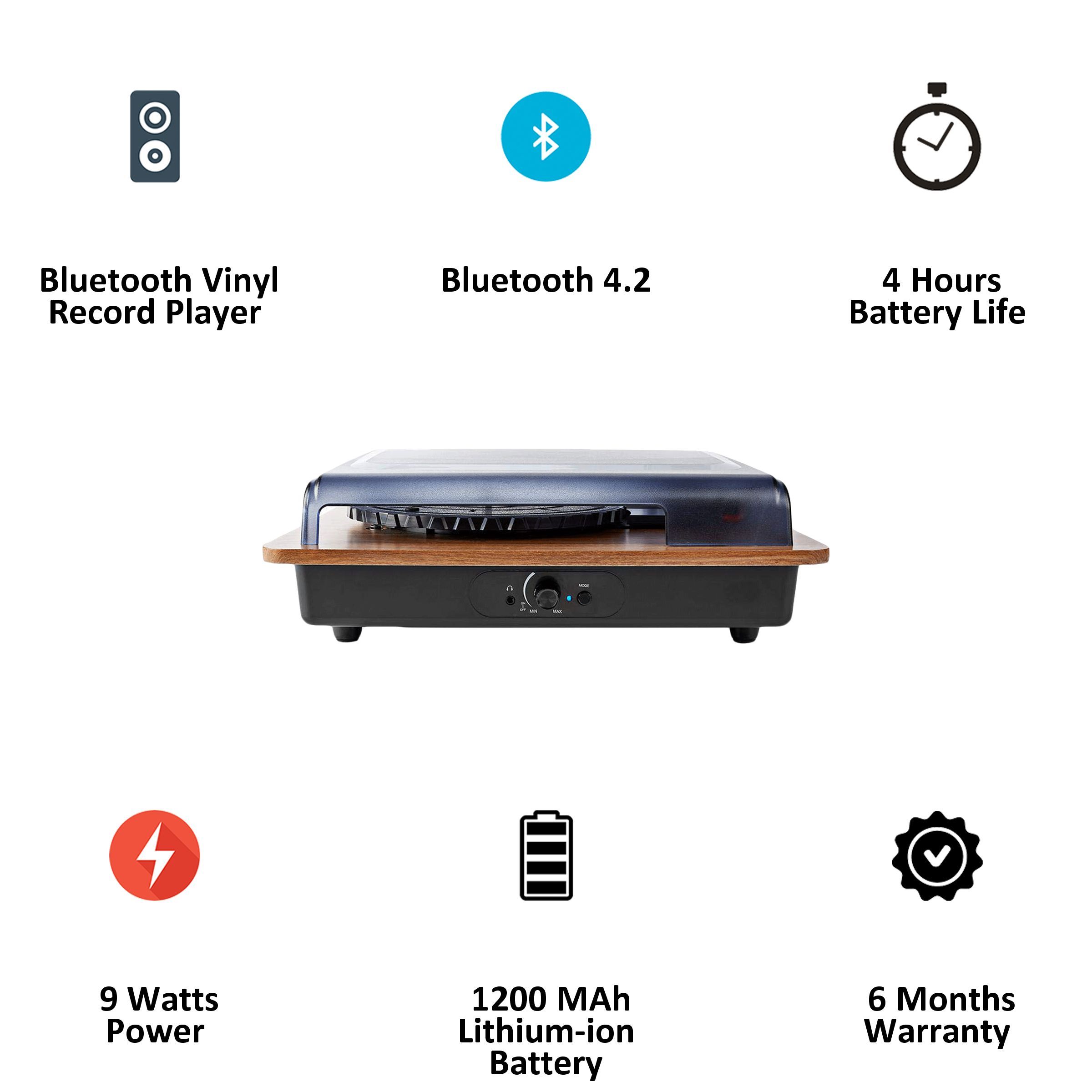 nedis Turntable 9 Watts Portable Bluetooth Speaker (Built-in Pre Amplifier, TURN200BN, Brown)_3