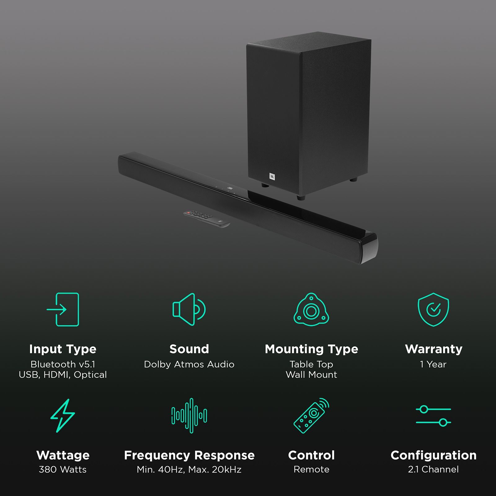 JBL Cinema SB190 380W Bluetooth Soundbar with Remote (Dolby Atmos, 2.1 Channel, Black)_2