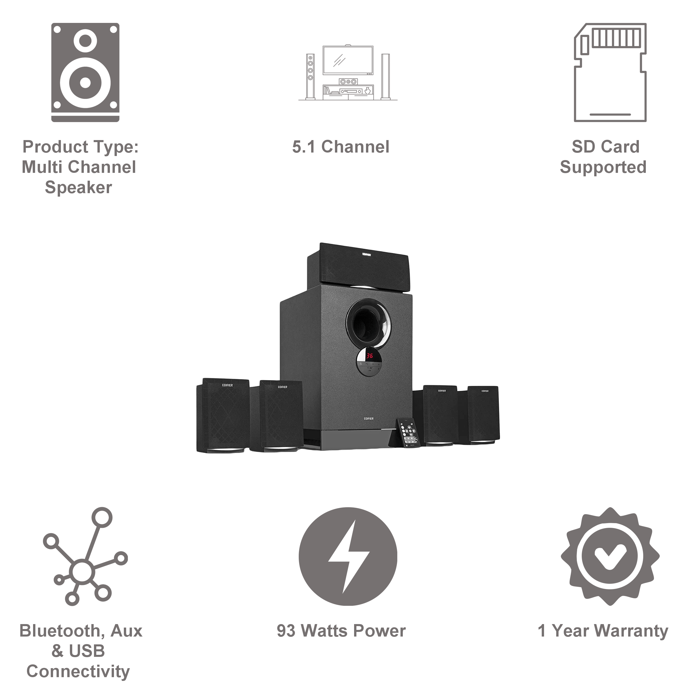 EDIFIER R501BT 93W Multimedia Speaker (Deep Bass, 5.1 Channel, Black) EDIFIER R501BT 93W Multimedia Speaker (Deep Bass, 5.1 Channel, Black)_21