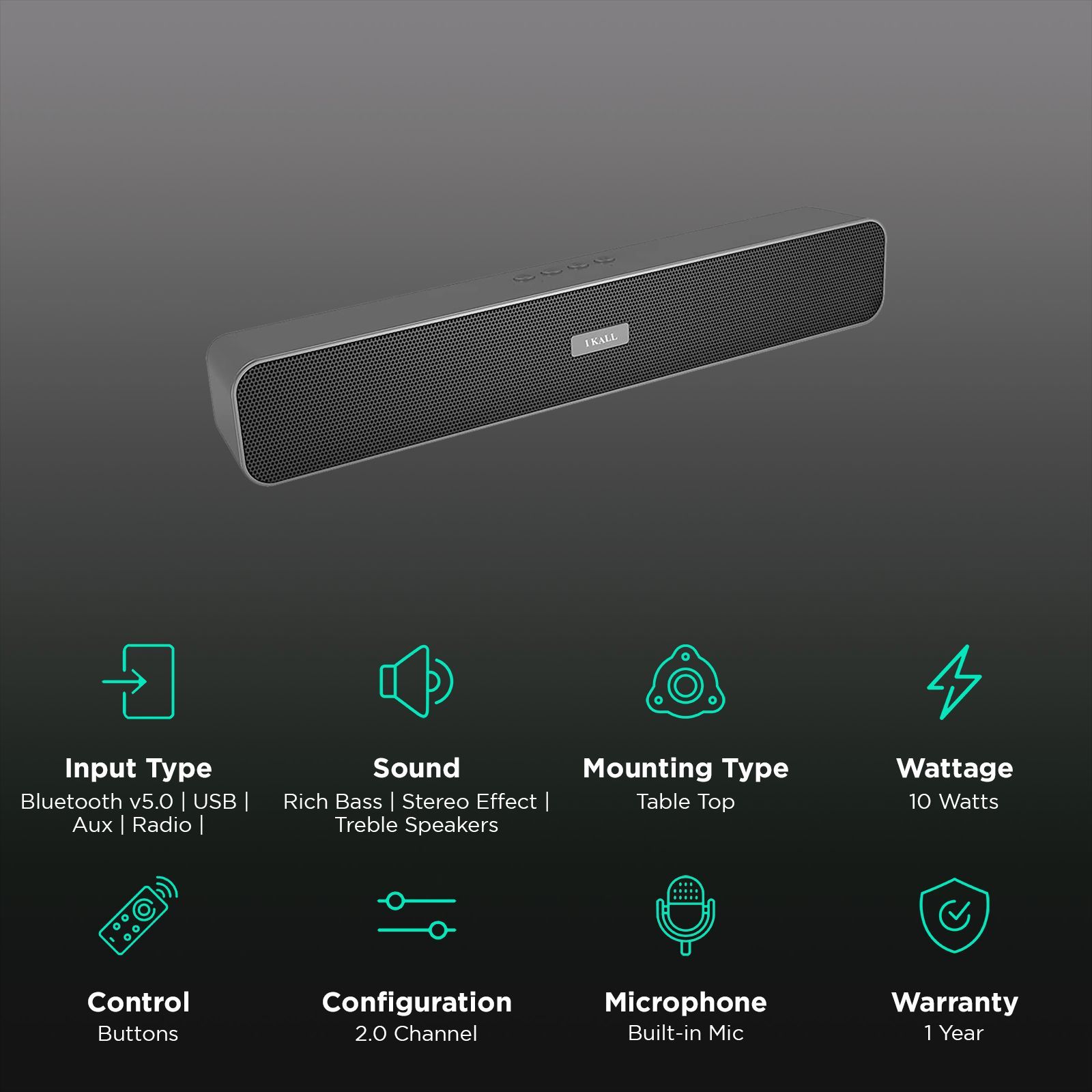 I KALL Portable Bluetooth Speaker 10W Sound Bar (Rich Bass, IK10, Black)_2