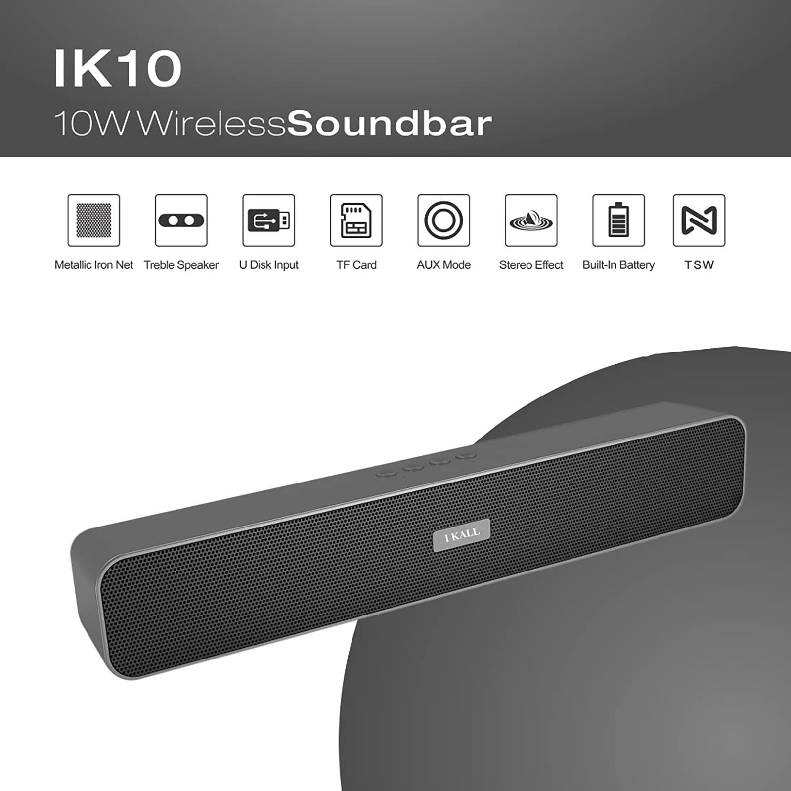 I KALL Portable Bluetooth Speaker 10W Sound Bar (Rich Bass, IK10, Black)_5