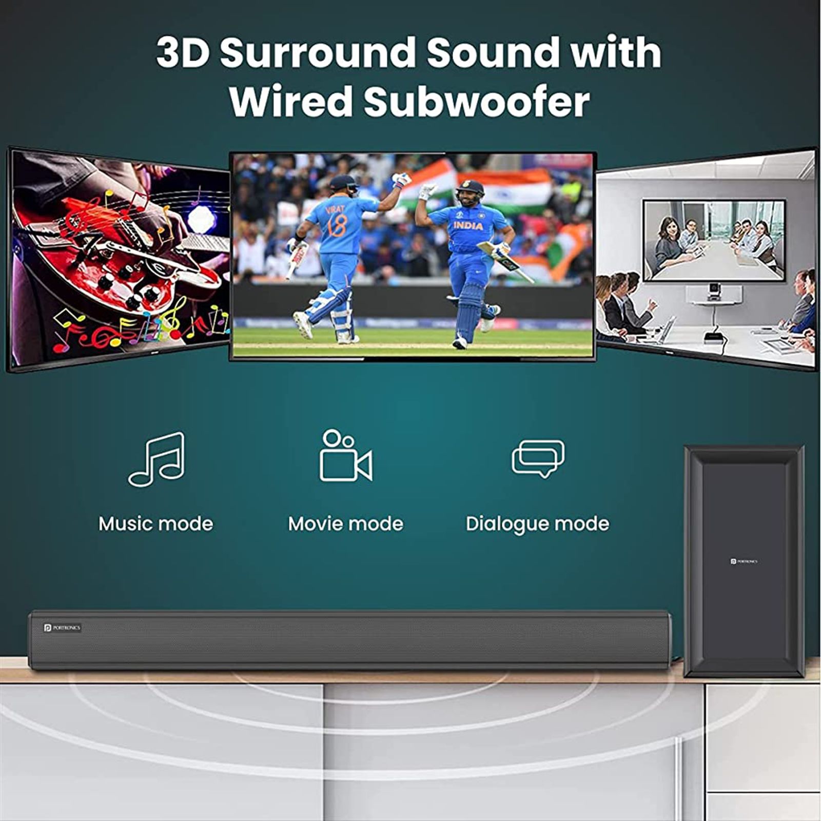 PORTRONICS Pure Sound 101 120W Soundbar with Wired Woofer with Remote (HD Sound, 2.1 Channel, Black)_5