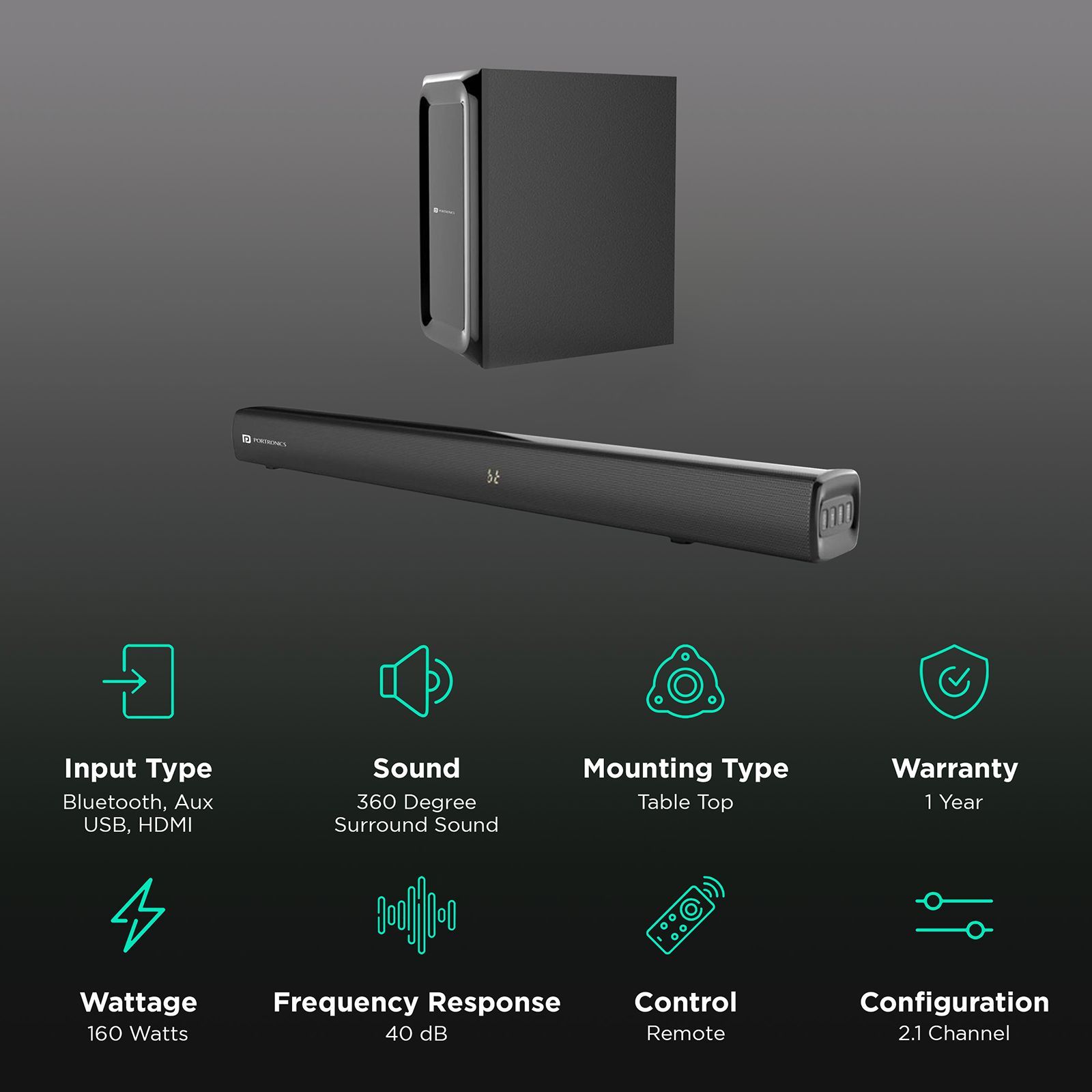 PORTRONICS Pure Sound 102 160W Bluetooth Soundbar with Remote (Surround Sound, 2.1 Channel, Black) PORTRONICS Pure Sound 102 160W Bluetooth Soundbar with Remote (Surround Sound, 2.1 Channel, Black)_2