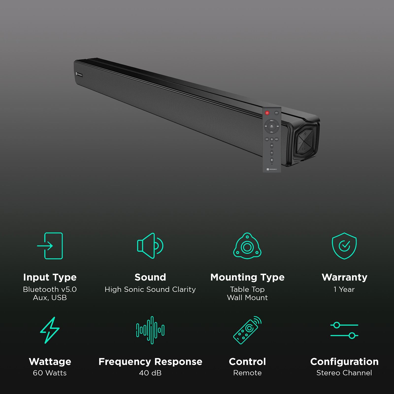 PORTRONICS Pure Sound One 60W Bluetooth Soundbar with Remote (Surround Sound, Stereo Channel, Black)_2