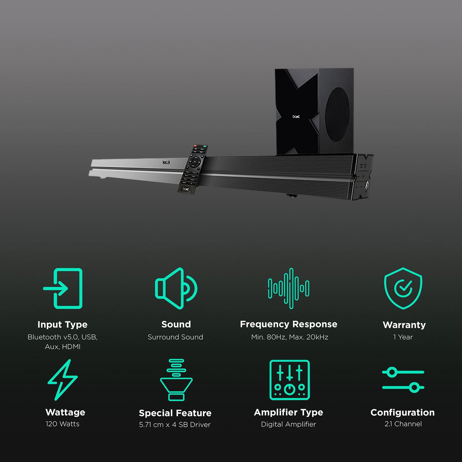 boAt Aavante Bar 1550 120W Bluetooth Soundbar with Remote (Surround Sound, 2.1 Channel, Black)_2