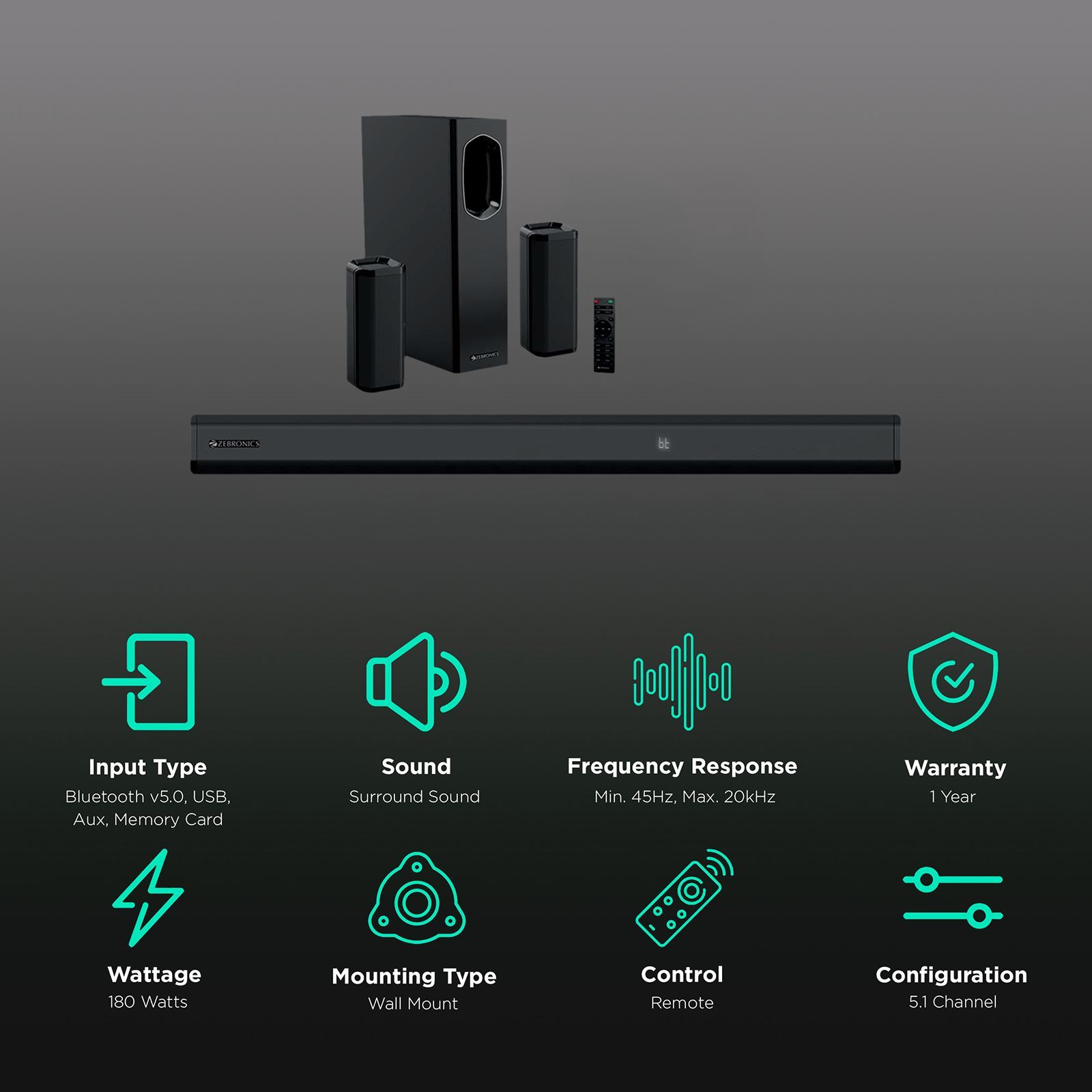 ZEBRONICS Zeb-Juke Bar 7400 Pro 180W Bluetooth Soundbar with Remote (Hi-Fidelity Audio, 5.1 Channel, Black)_2