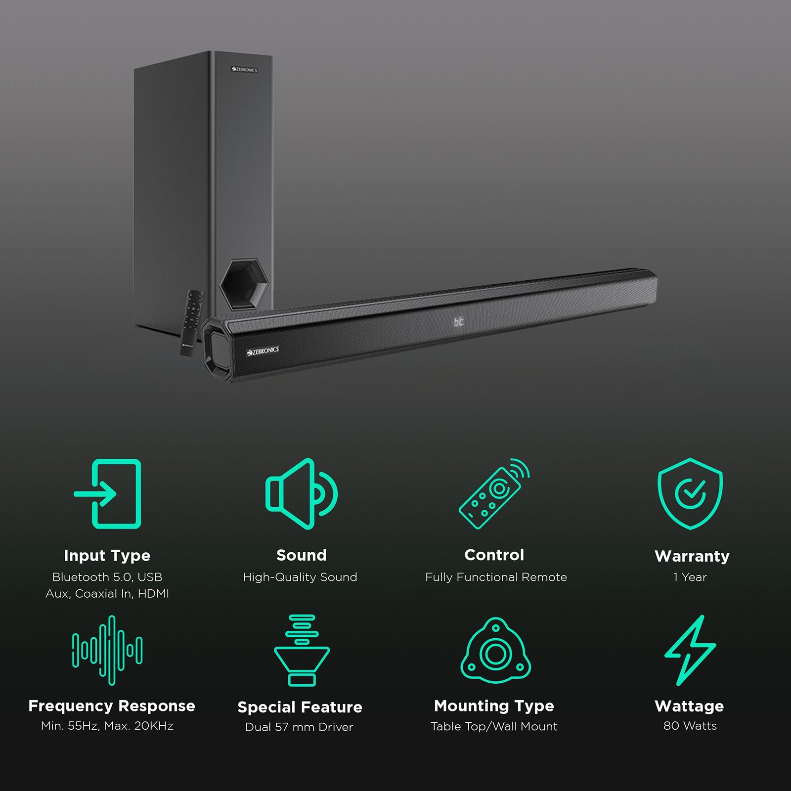 ZEBRONICS Zeb-Juke Bar 3901 80W Bluetooth Soundbar with Remote (Hi-Fidelity Audio, Black)_2