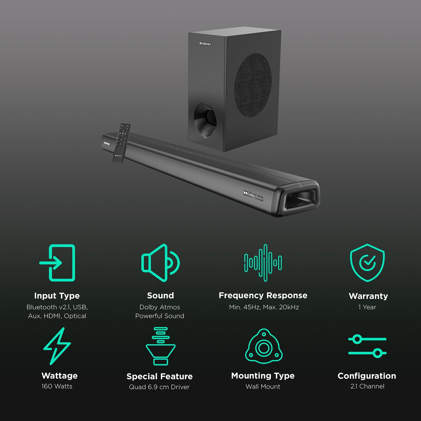 ZEBRONICS Zeb-Juke Bar 9200 DWS Pro 160W Bluetooth Soundbar with Remote (Dolby Digital Plus, 2.1 Channel, Black) ZEBRONICS Zeb-Juke Bar 9200 DWS Pro 160W Bluetooth Soundbar with Remote (Dolby Digital Plus, 2.1 Channel, Black)_2