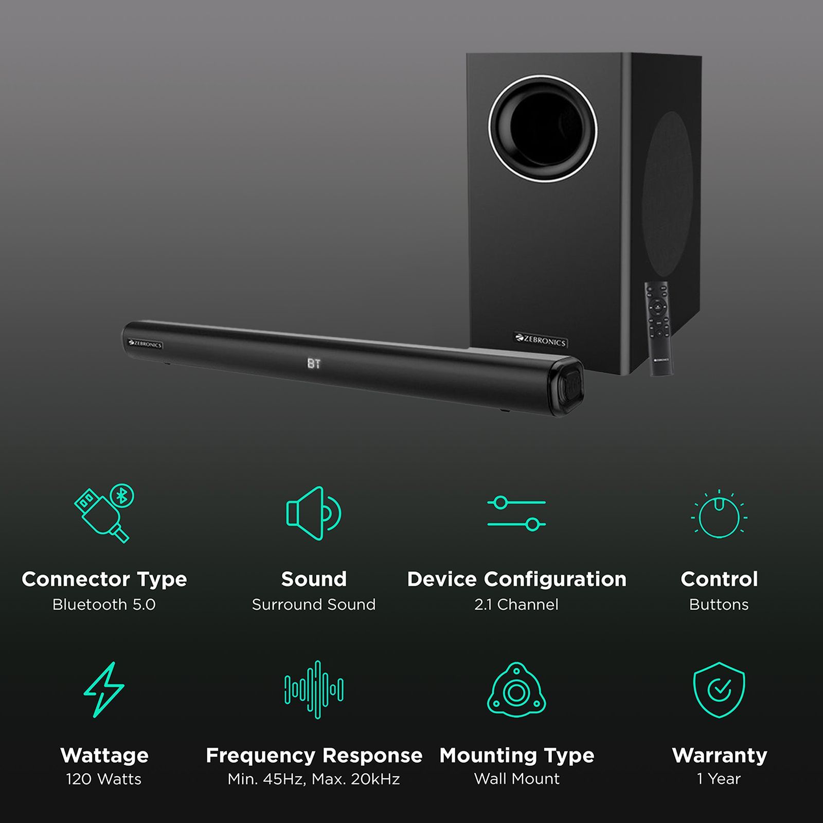 ZEBRONICS Juke Bar 5000 Pro 160W Bluetooth Soundbar with Remote (Immersive Sound, 2.1 Channel, Black) ZEBRONICS Juke Bar 5000 Pro 160W Bluetooth Soundbar with Remote (Immersive Sound, 2.1 Channel, Black)_2