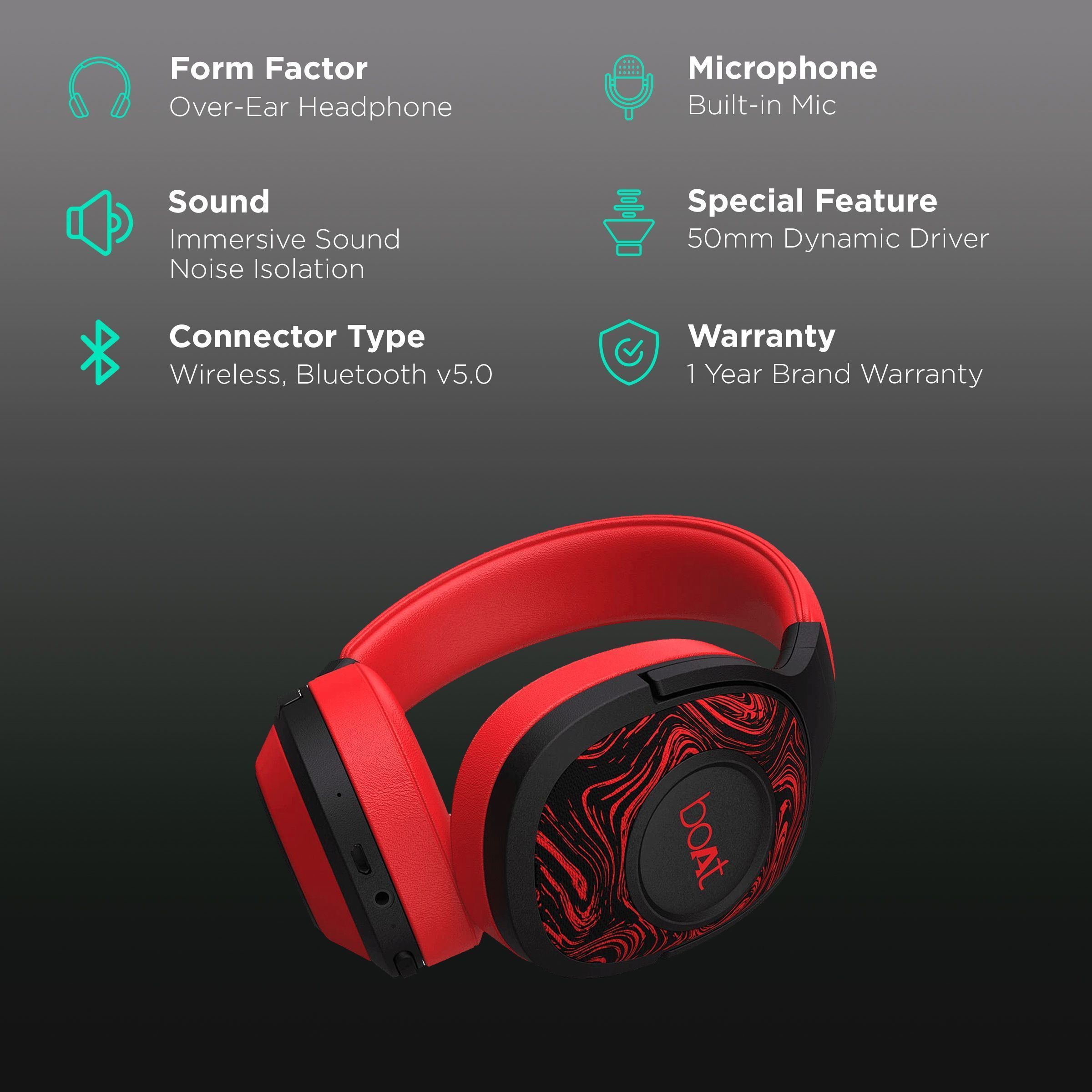 boAt Rockerz 550 Bluetooth Headset with Mic (Dual Connectivity, Over Ear, Red)_2