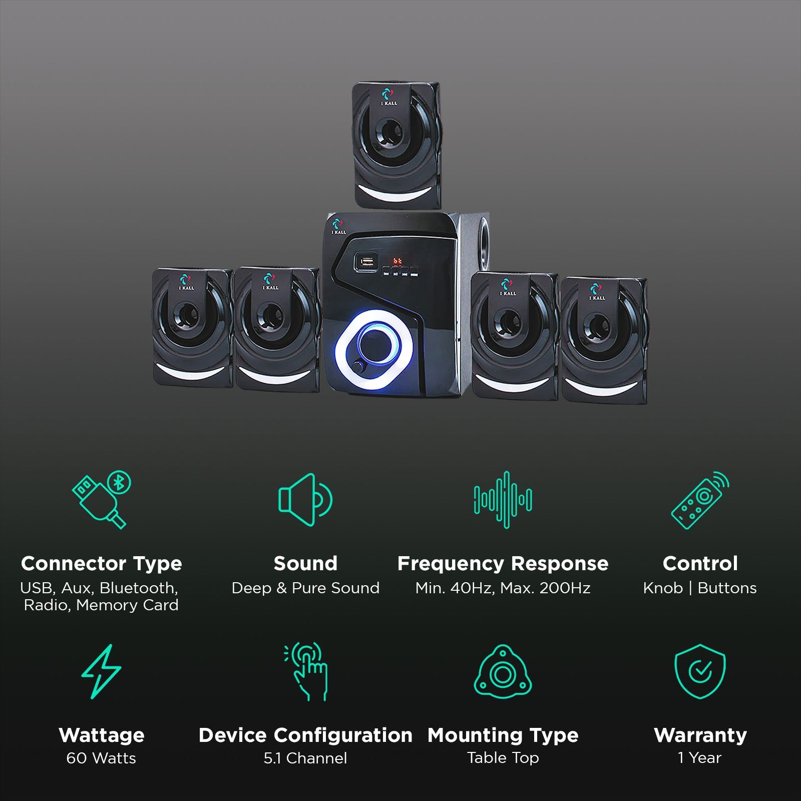 I KALL 5.1 Channel 60 Watts Multimedia Standard Home Theatre System (Wireless Music Streaming, IK-999, Black)_2