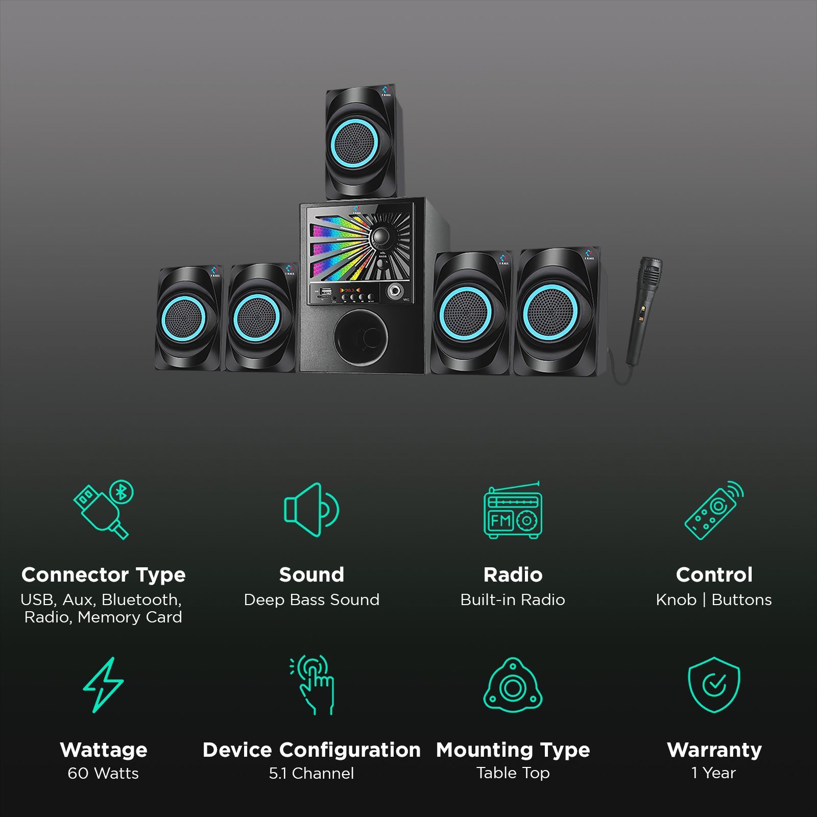 I KALL 5.1 Channel 60 Watts Standard Home Theatre System (With Karaoke Mic, IK-333, Black)_2