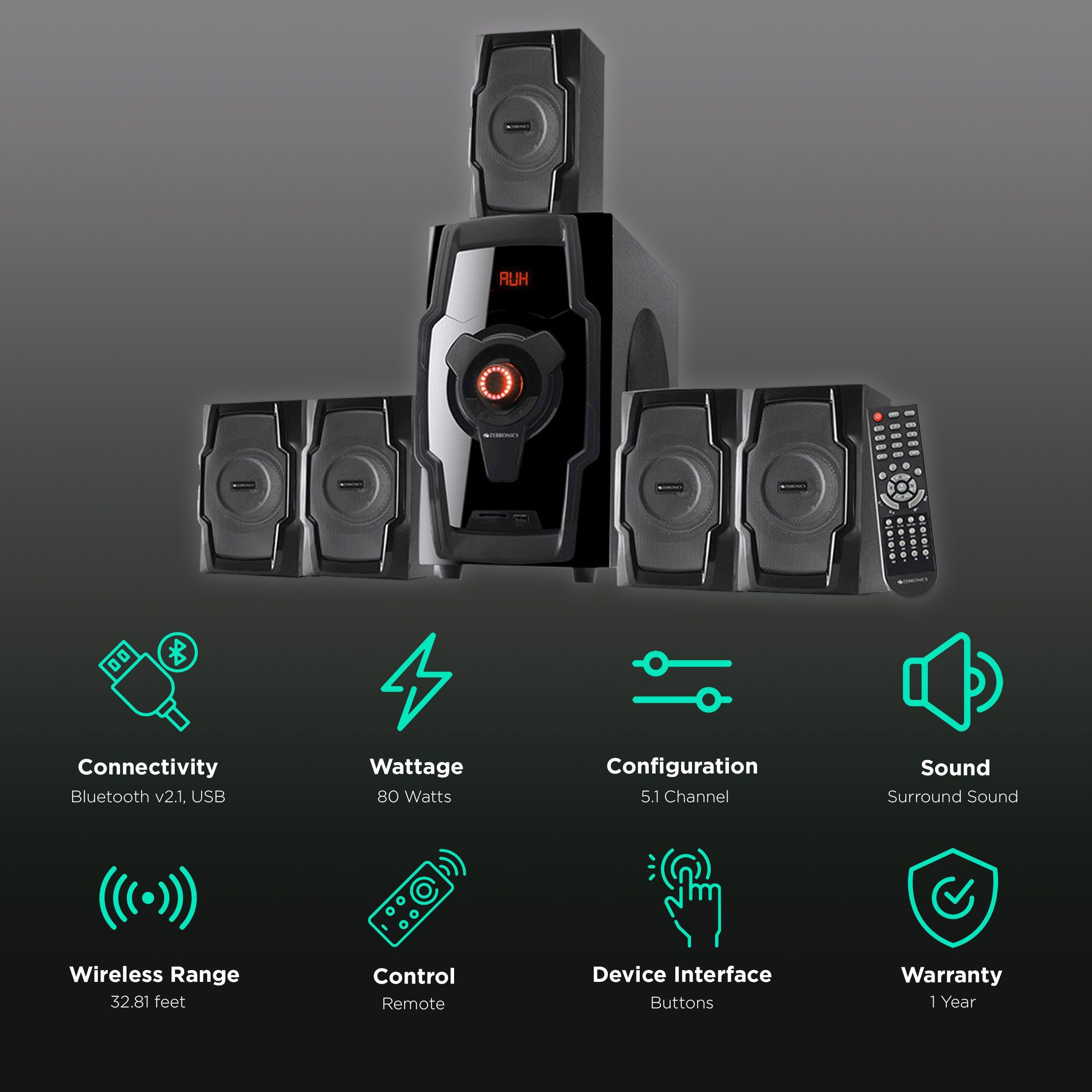 ZEBRONICS Zeb-BT8490RUCF 80W Multimedia Speaker (Built-in FM Radio, 5.1 Channel, Black)_2