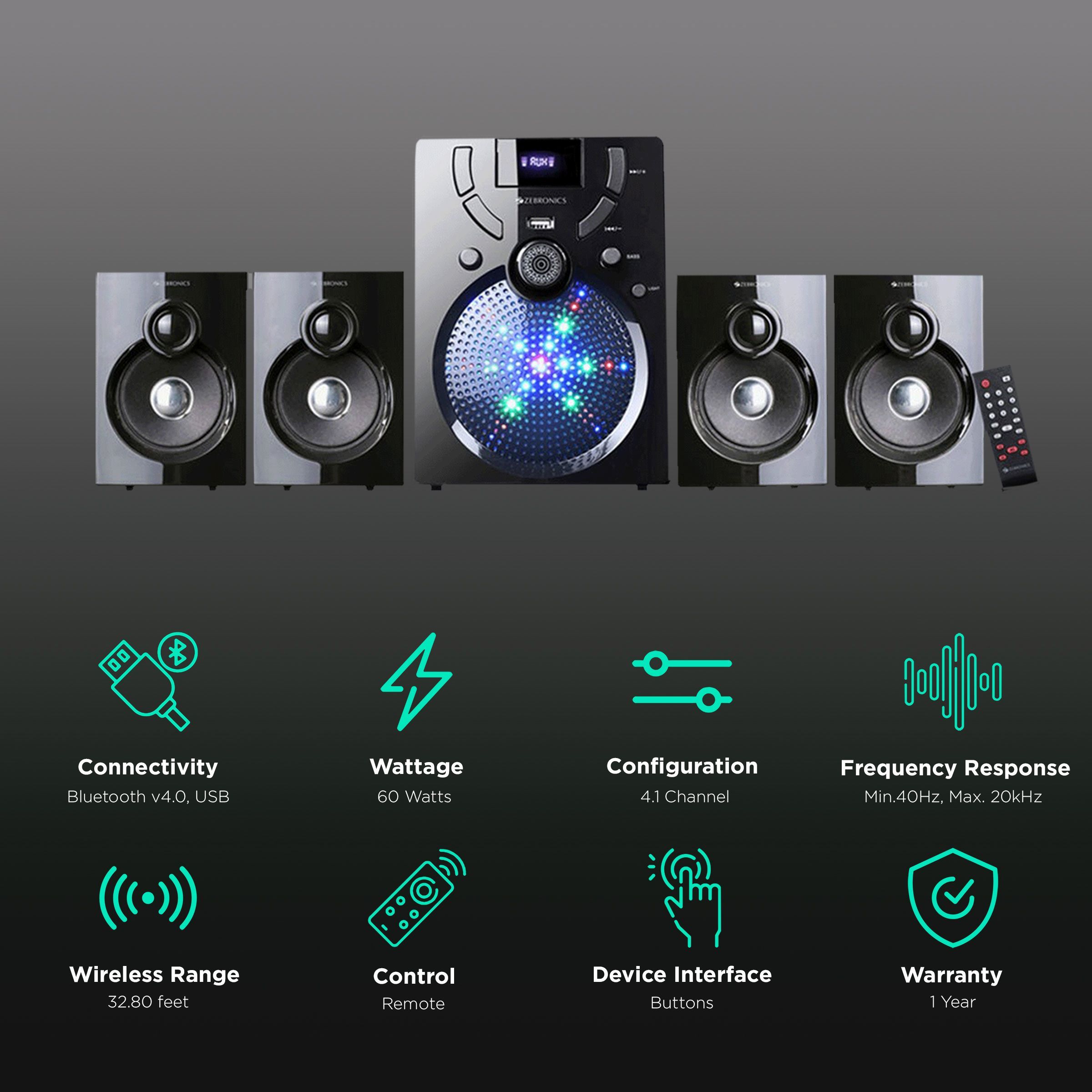 ZEBRONICS Udaan 60W Multimedia Speaker (Built-in FM Radio, 4.1 Channel, Black)_2