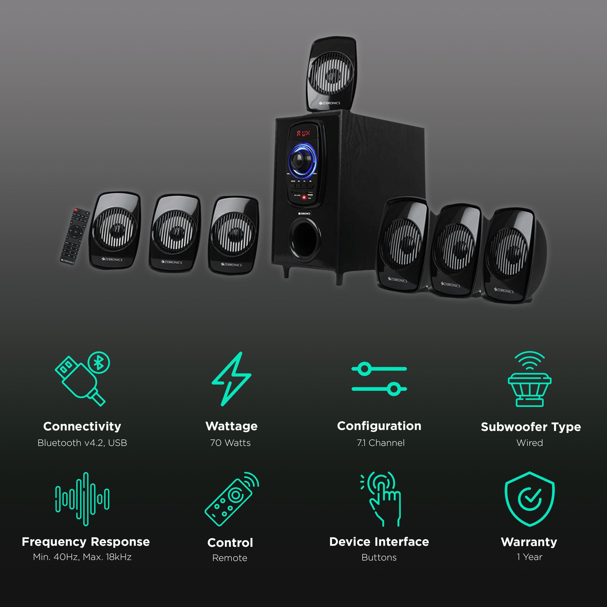 ZEBRONICS Zeb-BT701RUCF 70W Multimedia Speaker (Built-in FM Radio, 7.1 Channel, Black)_2
