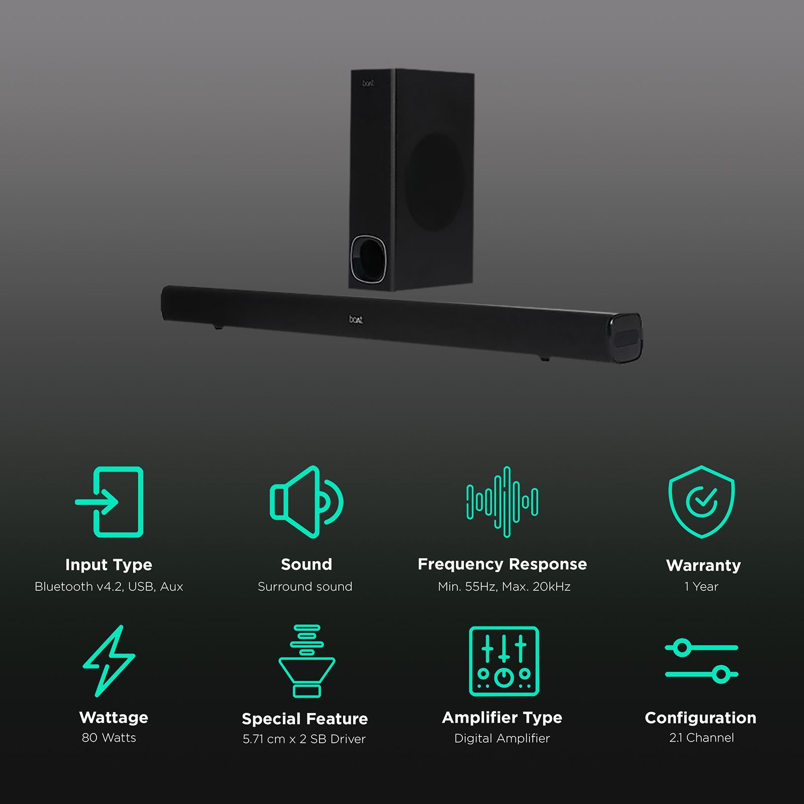 boAt Aavante Bar 1200 80W Bluetooth Soundbar with Remote (Stereo Surround Sound, 2.1 Channel, Black)_2