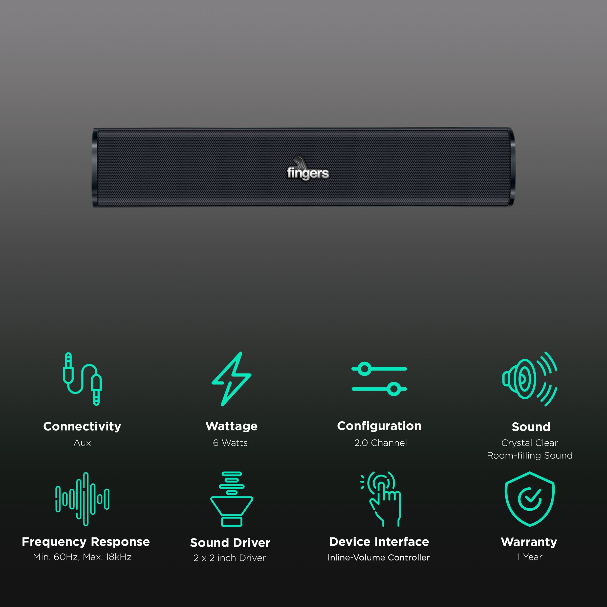 fingers F2.0 6W Portable Speaker (Bass Heavy, 2.0 Channel, Piano Black)_2