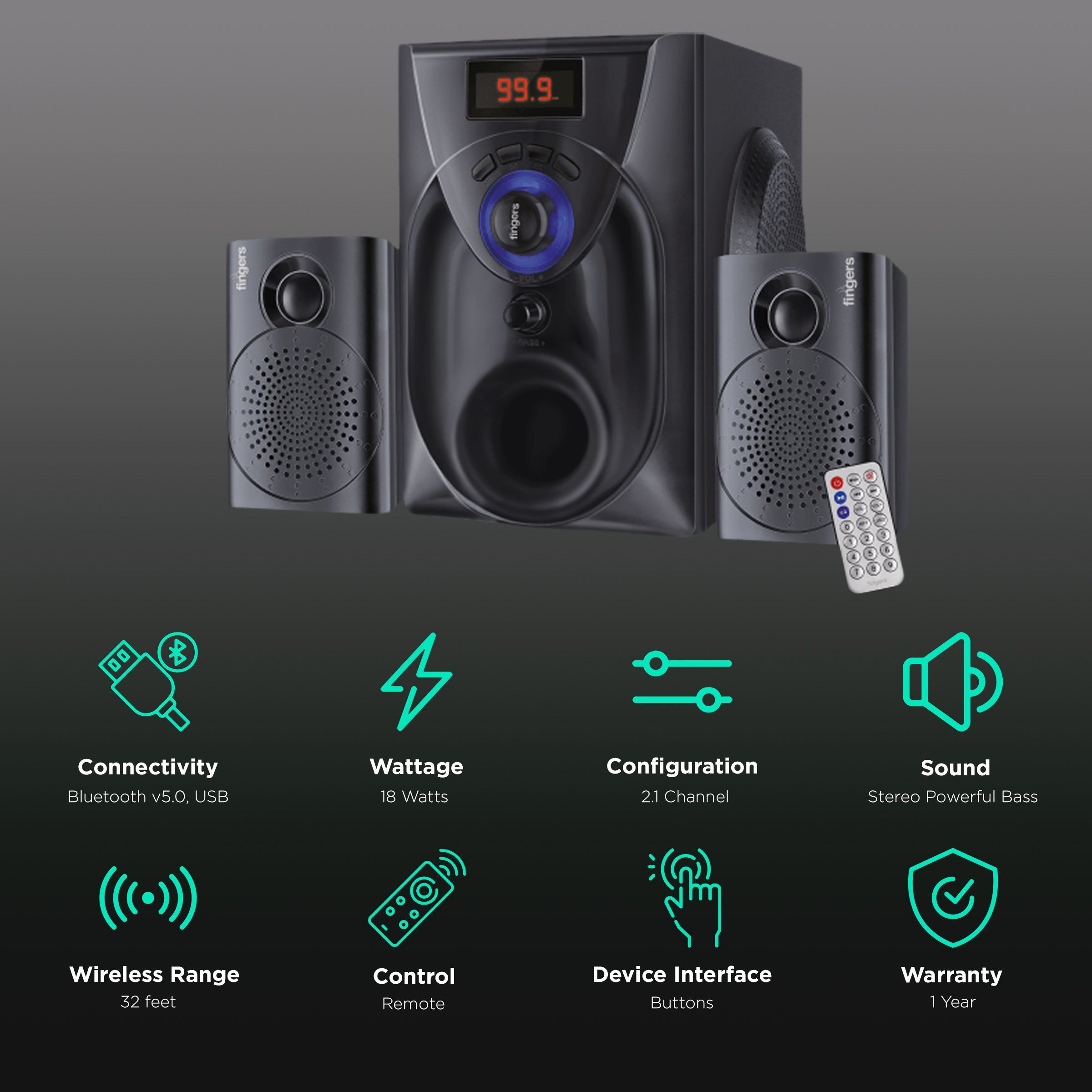 fingers Challenger 18W Multimedia Speaker (Powerful Bass, 2.1 Channel, Classic Black)_2