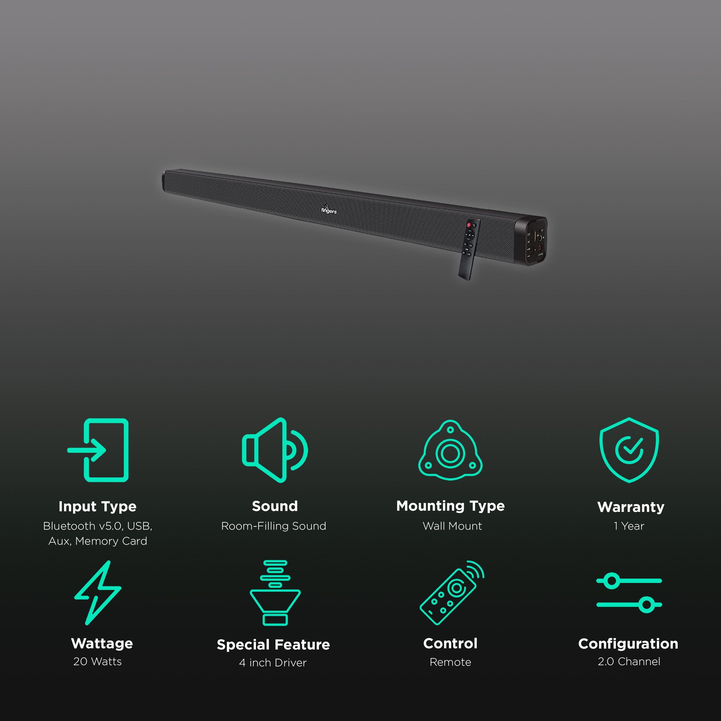 fingers Sound Guru 20W Bluetooth Soundbar with Remote (Room-Filling Sound, 2.0 Channel, Piano Black)_2