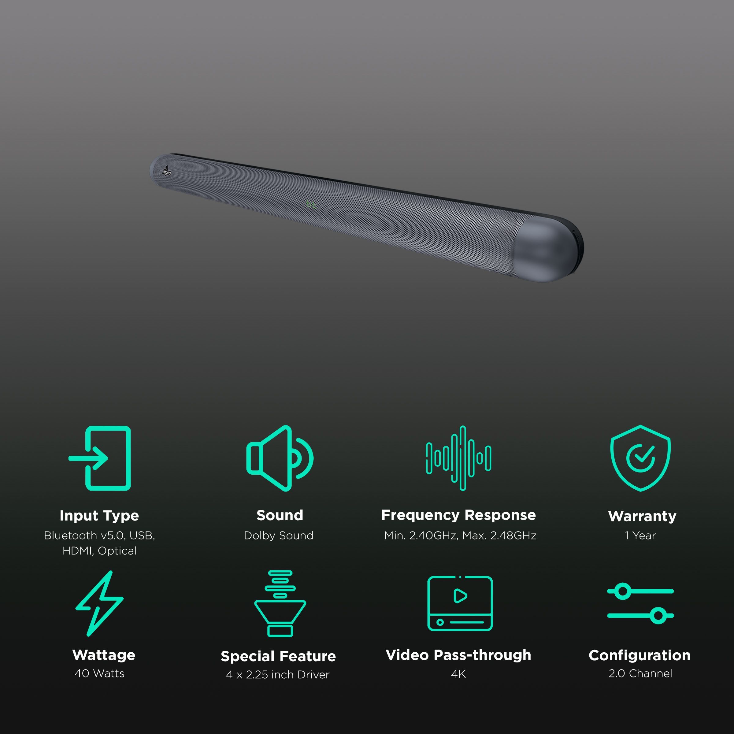 fingers Octane-40 40W Bluetooth Soundbar with Remote (Dolby Sound, 2.0 Channel, Rich Dark Silver)_2