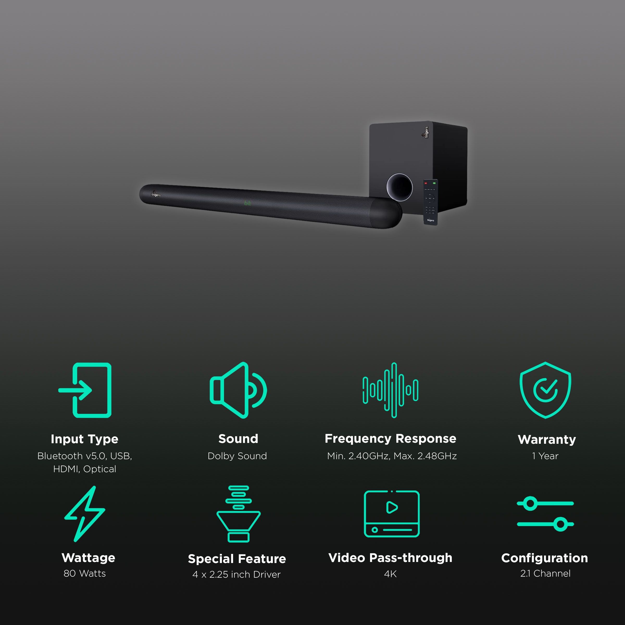 fingers Octane-80 80W Bluetooth Soundbar with Remote (Dolby Sound, 2.1 Channel, Rich Black) fingers Octane-80 80W Bluetooth Soundbar with Remote (Dolby Sound, 2.1 Channel, Rich Black)_2