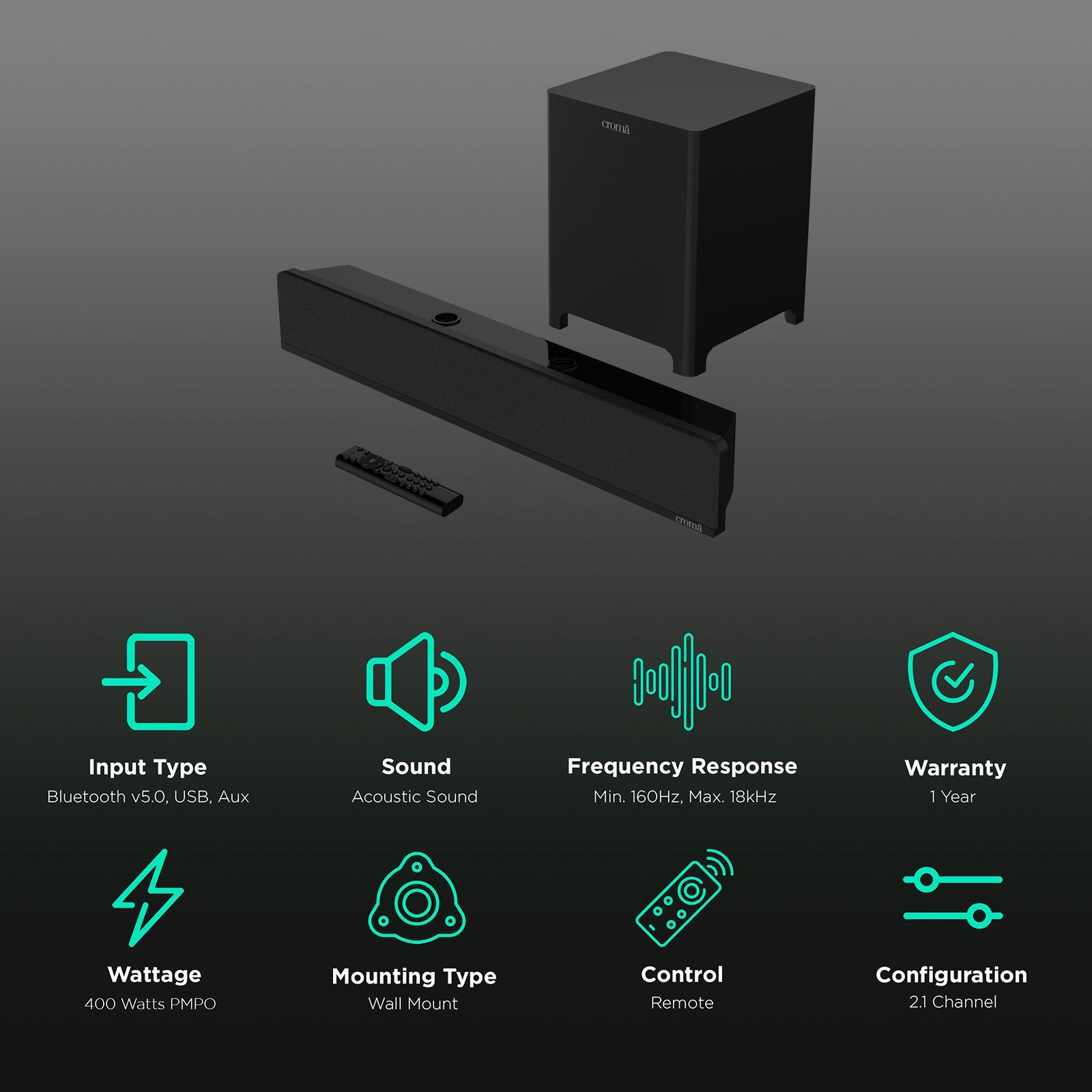 Croma 40W RMS Bluetooth Soundbar with Remote (Acoustic Sound, 2.1 Channel, Black) Croma 40W RMS Bluetooth Soundbar with Remote (Acoustic Sound, 2.1 Channel, Black)_2