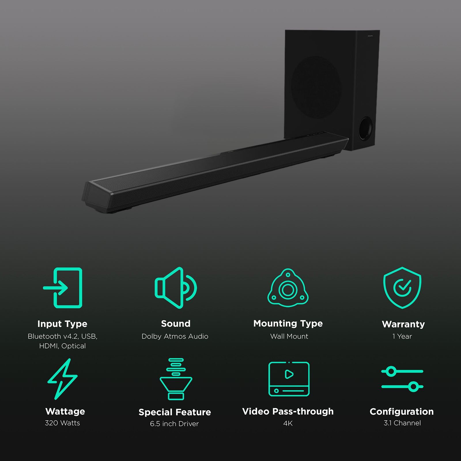 PHILIPS TAPB603/94 320W Bluetooth Soundbar with Remote (Dolby Atmos, 3.1 Channel, Black)_2