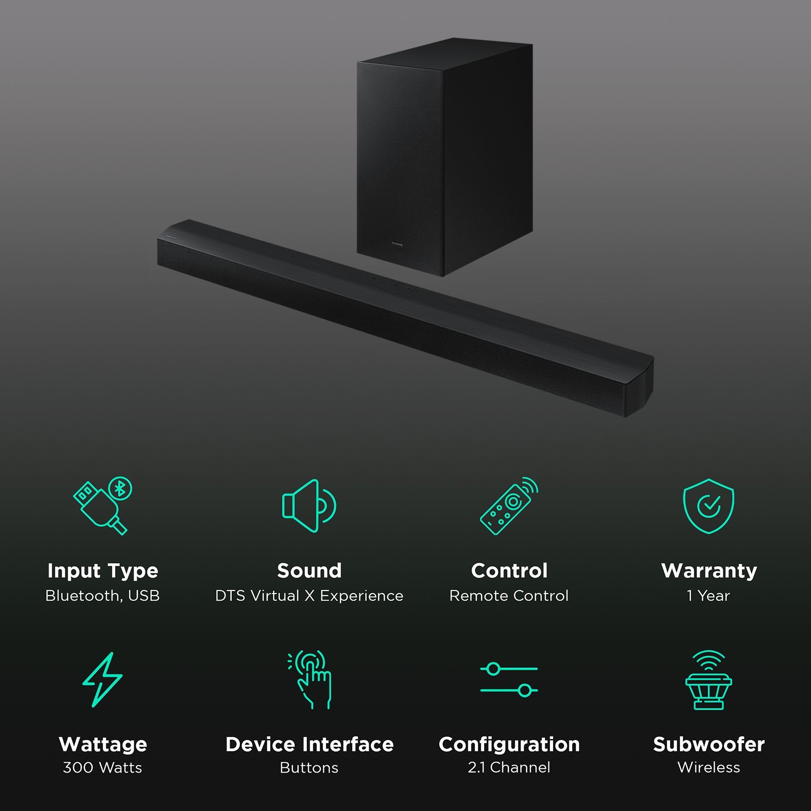 SAMSUNG 300W Soundbar with Subwoofer with Remote (Dolby Atmos, 2.1 Channel, Black)_2